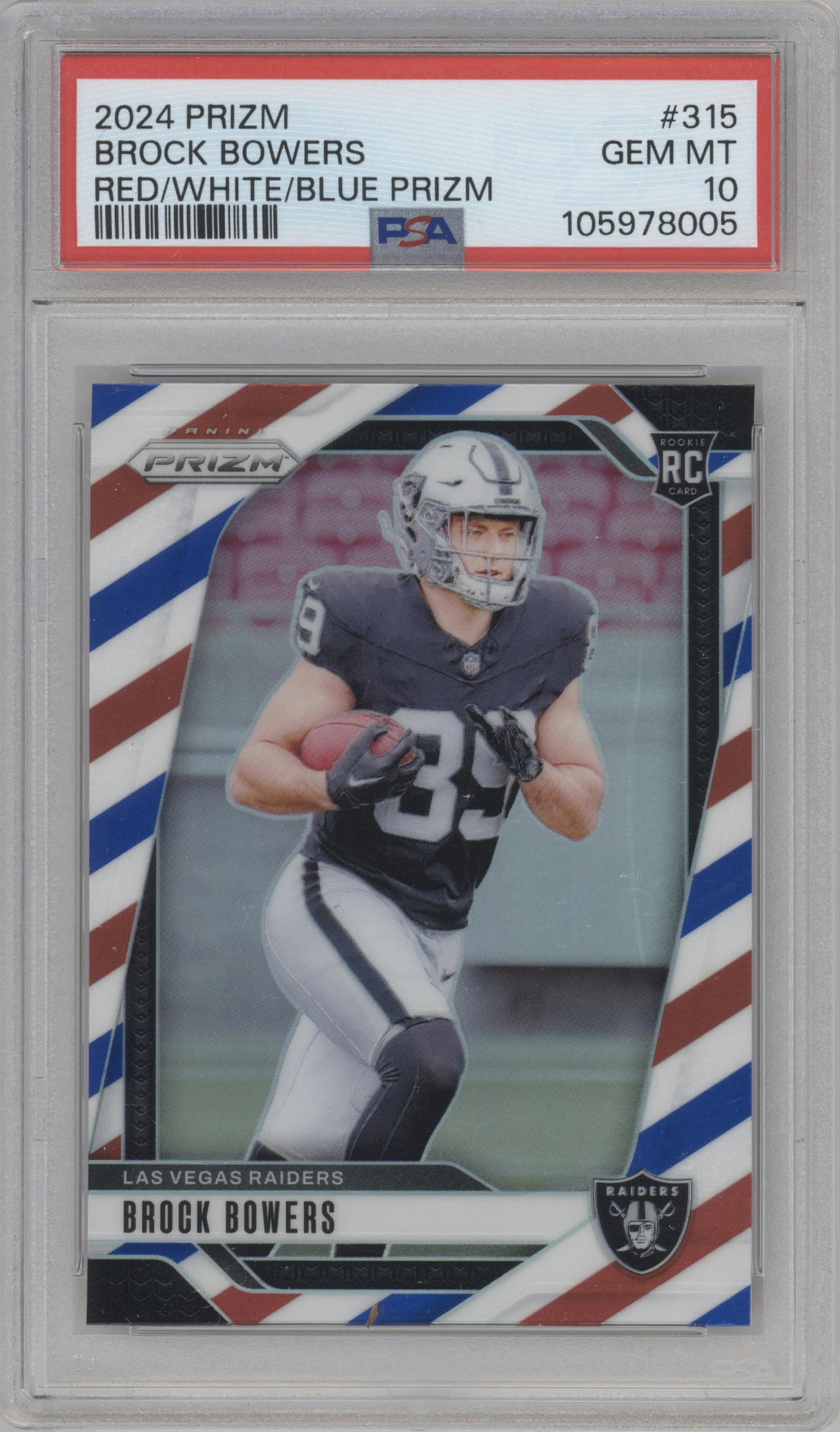 Brock Bowers from the 2024 Panini Prizm set featuring a Red/White/Blue Prizm parallel graded by PSA and given an overall grade of 10.