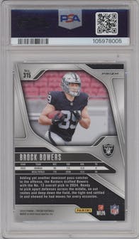 Brock Bowers from the 2024 Panini Prizm set featuring a Red/White/Blue Prizm parallel graded by PSA and given an overall grade of 10.