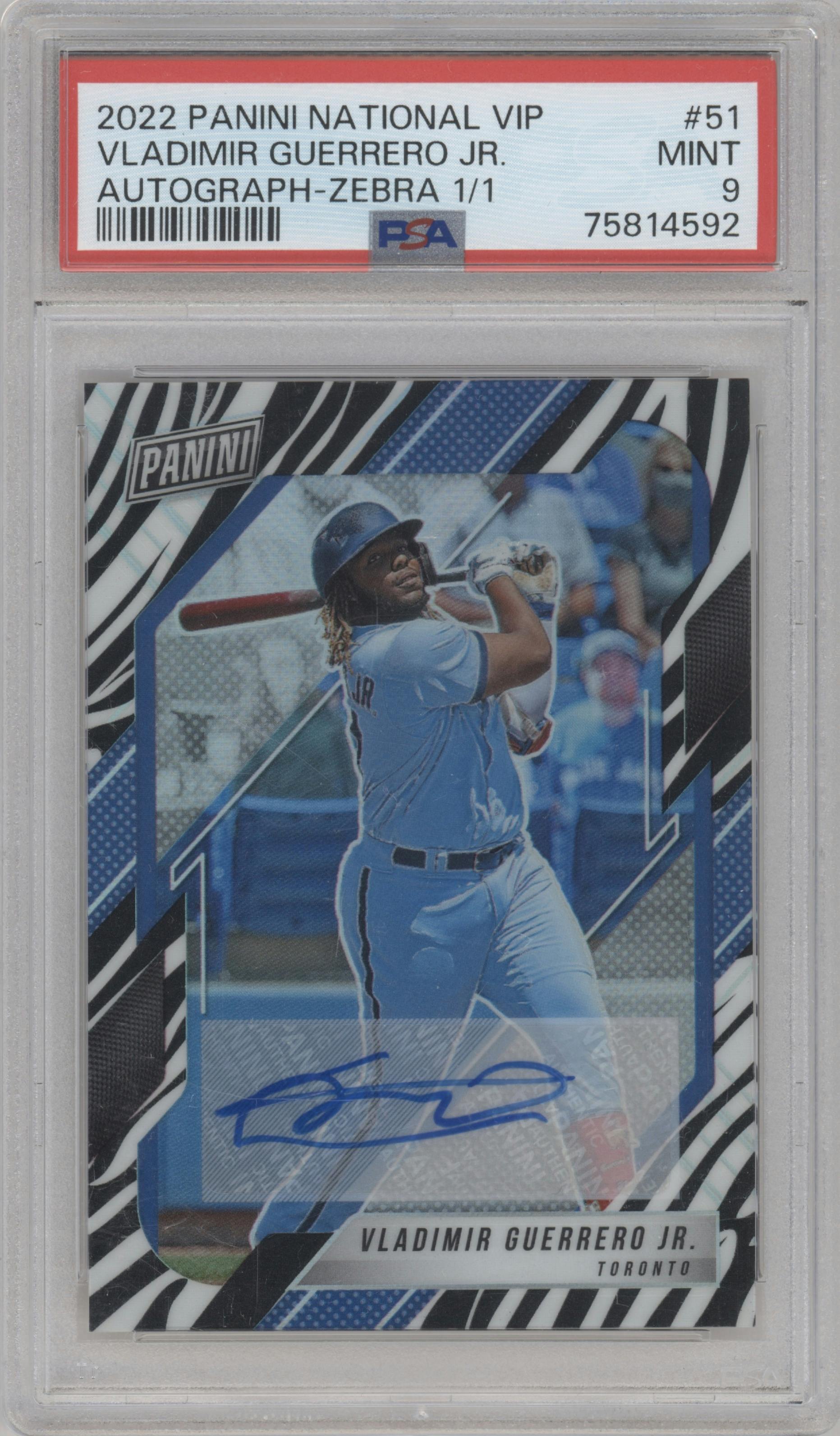 Vladimir Guerrero Jr. from the 2022 Panini The National VIP set featuring a Zebra parallel graded by PSA and given an overall grade of 9.