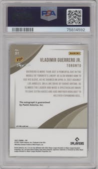 Vladimir Guerrero Jr. from the 2022 Panini The National VIP set featuring a Zebra parallel graded by PSA and given an overall grade of 9.