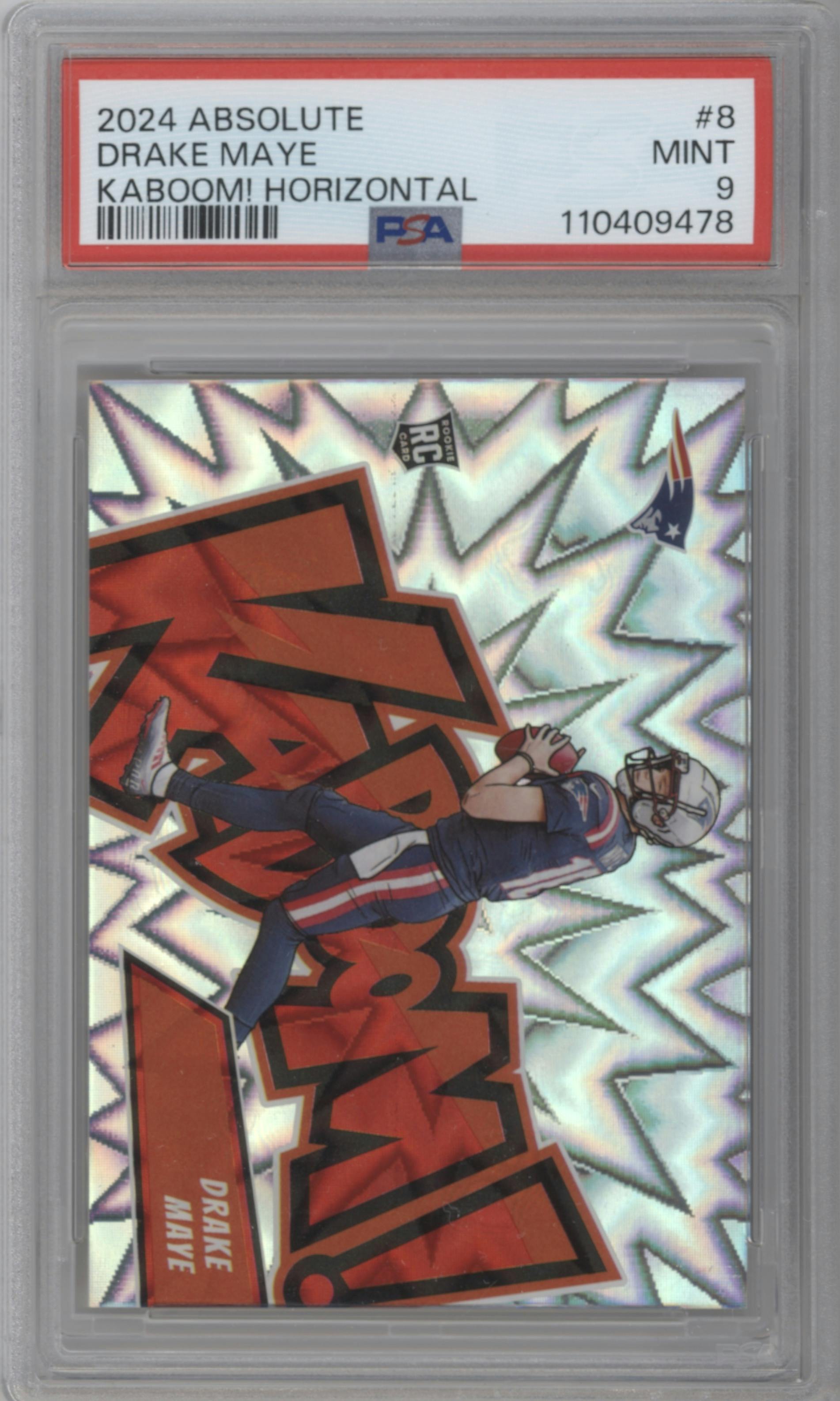 Drake Maye from the 2024 Panini Absolute set graded by PSA and given an overall grade of 9.