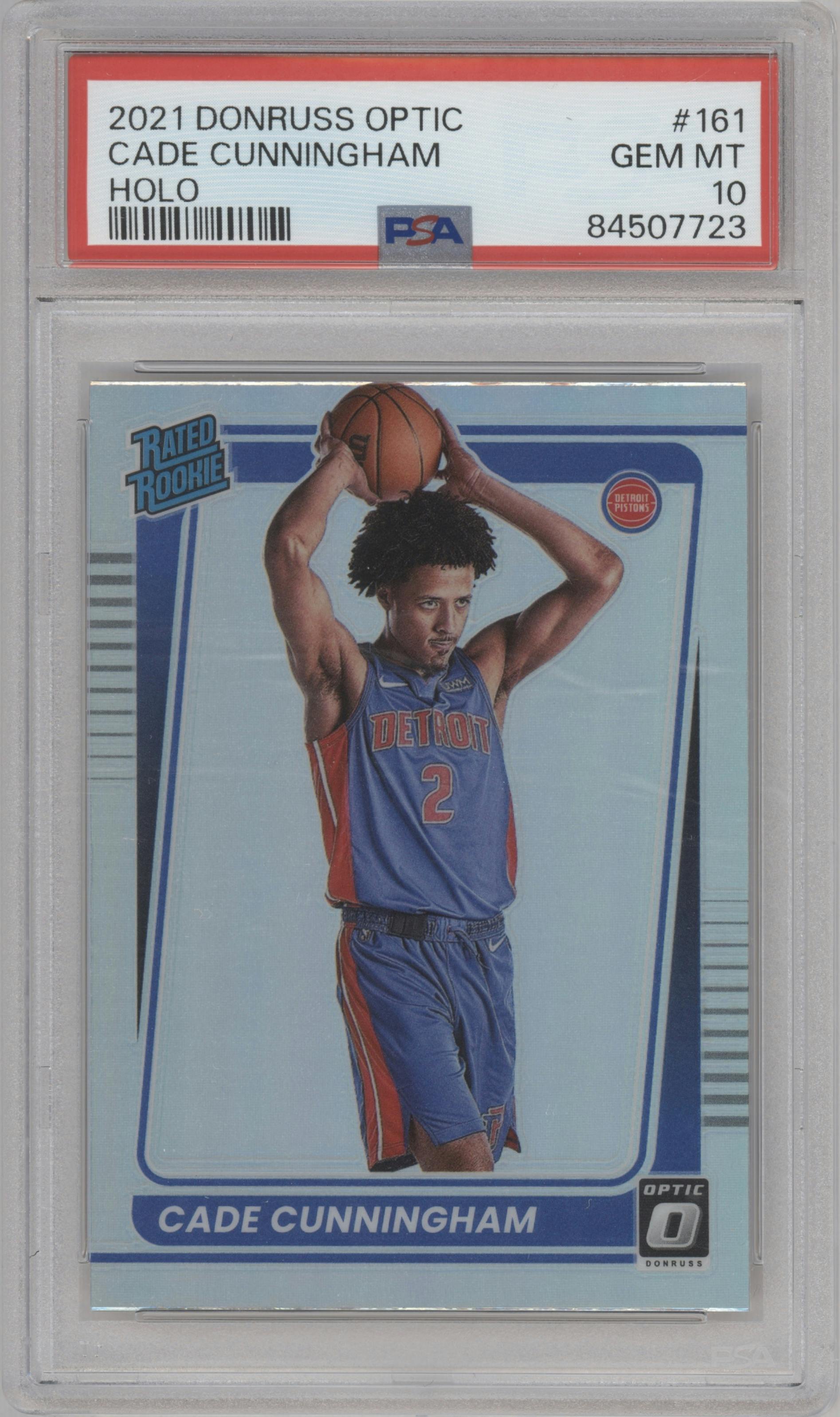 Cade Cunningham from the 2021-22 Panini Donruss Optic set featuring a Holo parallel graded by PSA and given an overall grade of 10.