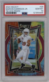 Marvin Harrison Jr. from the 2024 Panini Select set featuring a Tie-Dye Prizm parallel graded by PSA and given an overall grade of 10.