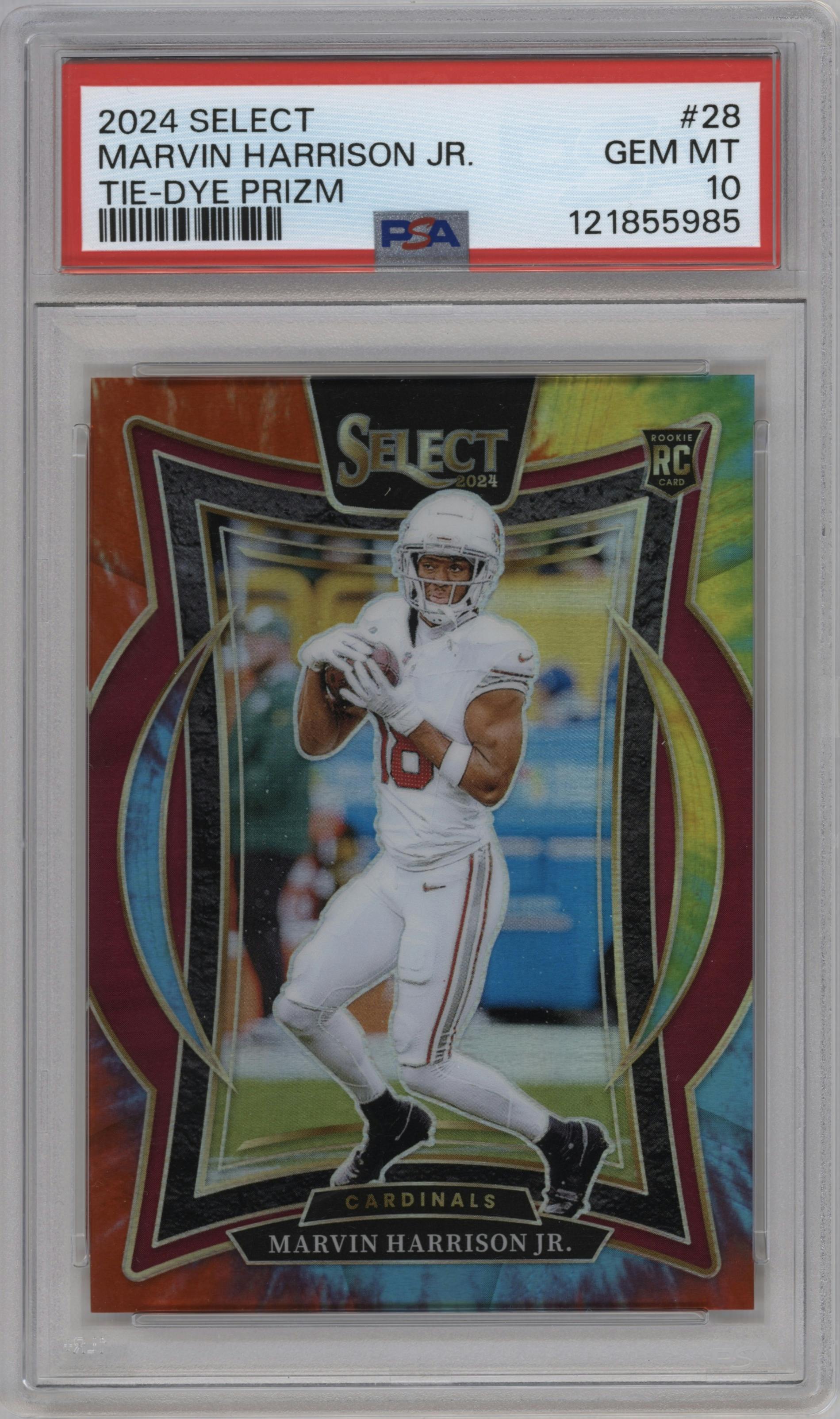 Marvin Harrison Jr. from the 2024 Panini Select set featuring a Tie-Dye Prizm parallel graded by PSA and given an overall grade of 10.