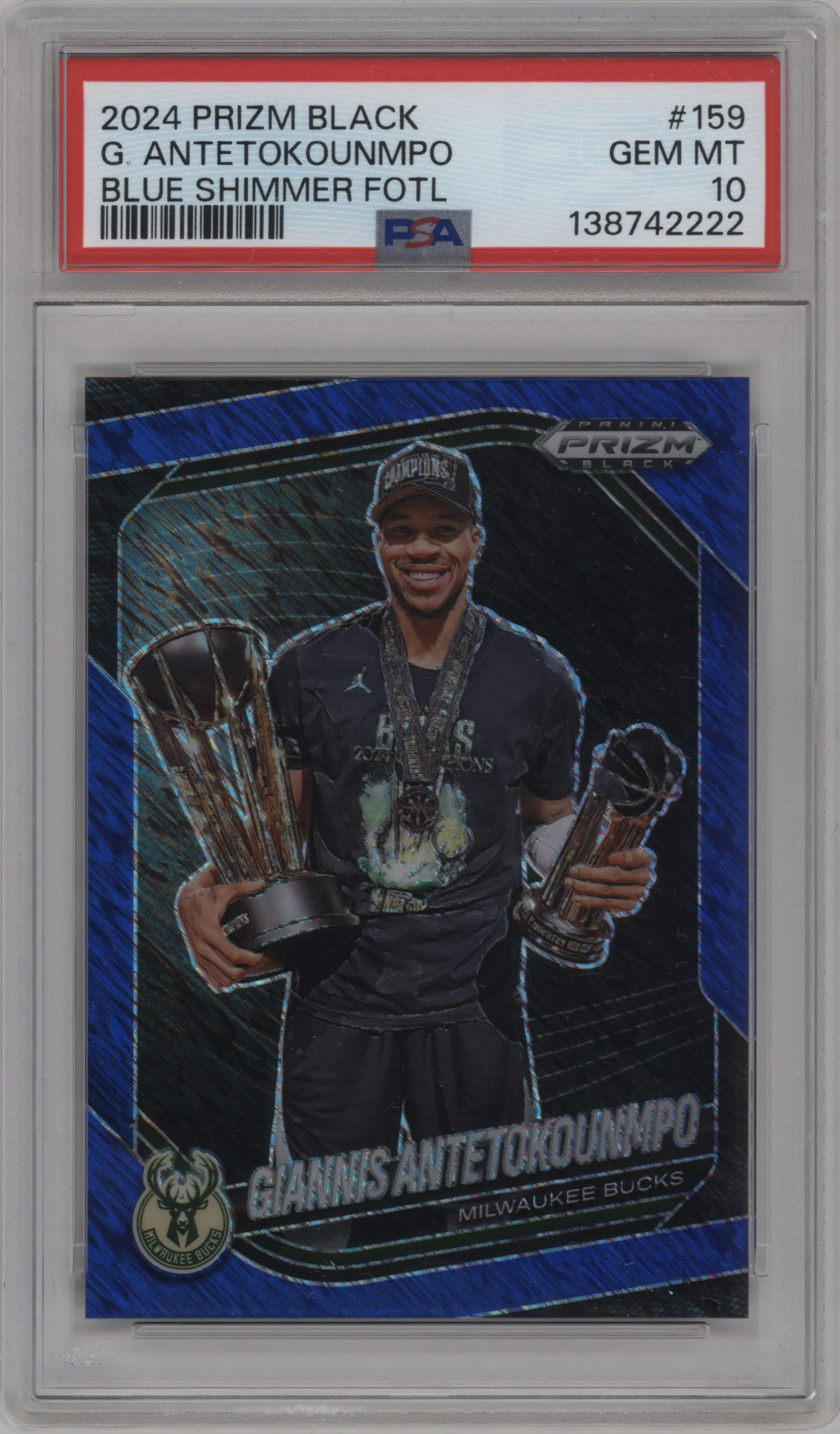 2024 Panini Prizm Black Giannis Antetokounmpo Blue Shimmer #159 PSA 10