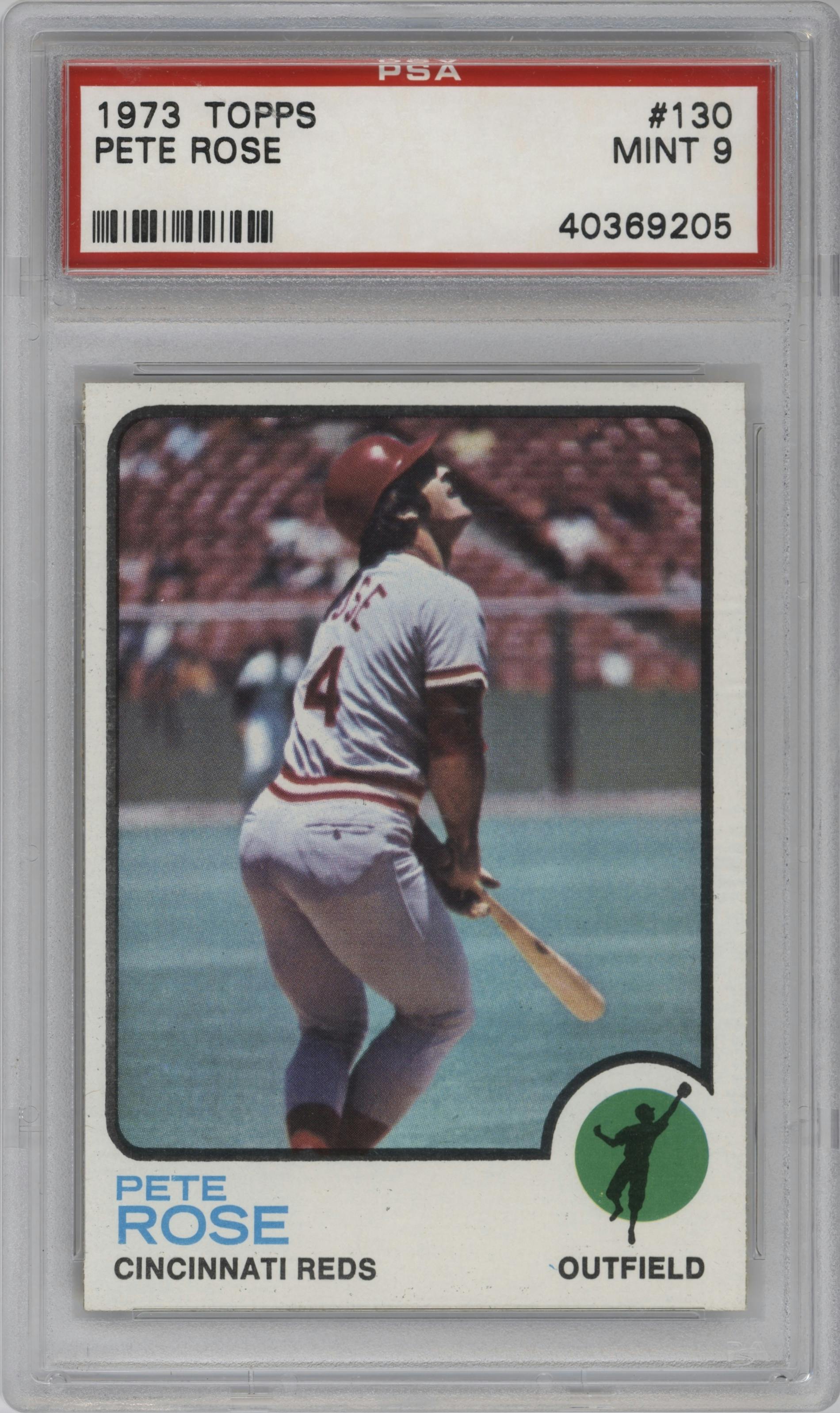 Pete Rose from the 1973 Topps set graded by PSA and given an overall grade of 9.