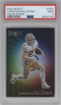 Christian McCaffrey from the 2022 Panini Select set graded by PSA and given an overall grade of 9.