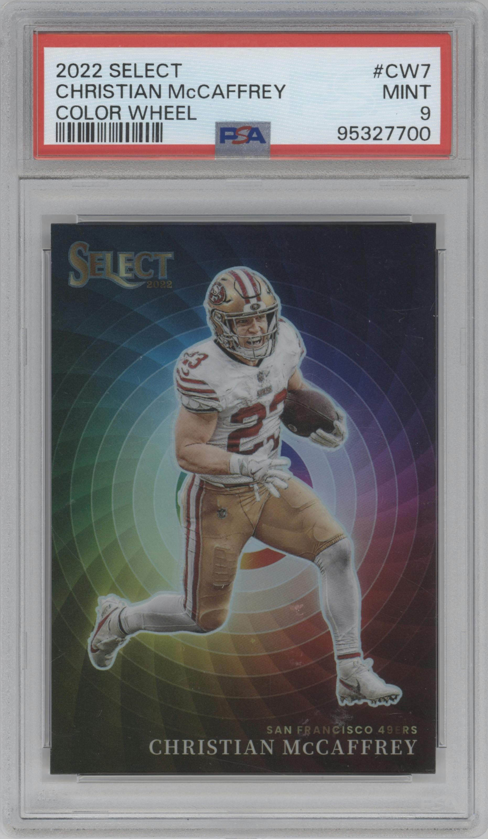 Christian McCaffrey from the 2022 Panini Select set graded by PSA and given an overall grade of 9.