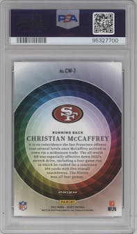 Christian McCaffrey from the 2022 Panini Select set graded by PSA and given an overall grade of 9.