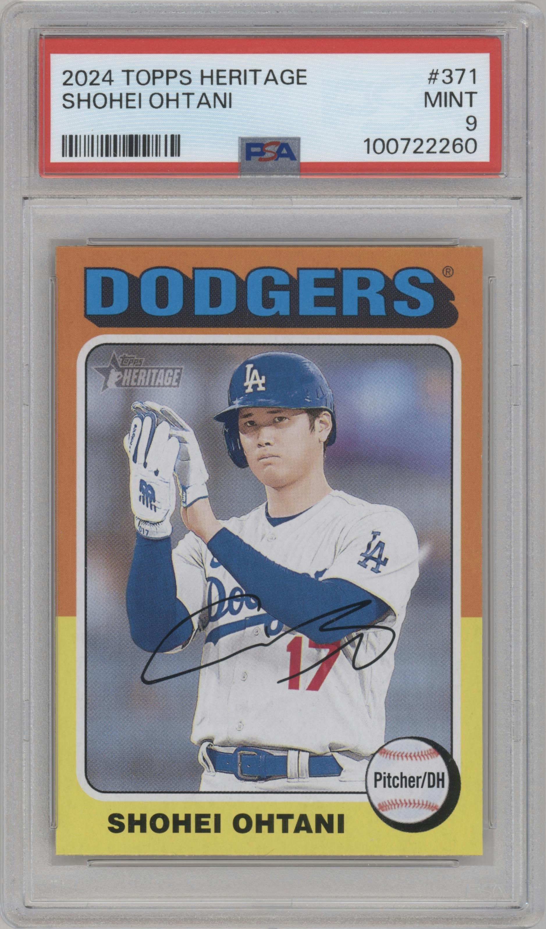 Shohei Ohtani from the 2024 Topps Heritage set graded by PSA and given an overall grade of 9.