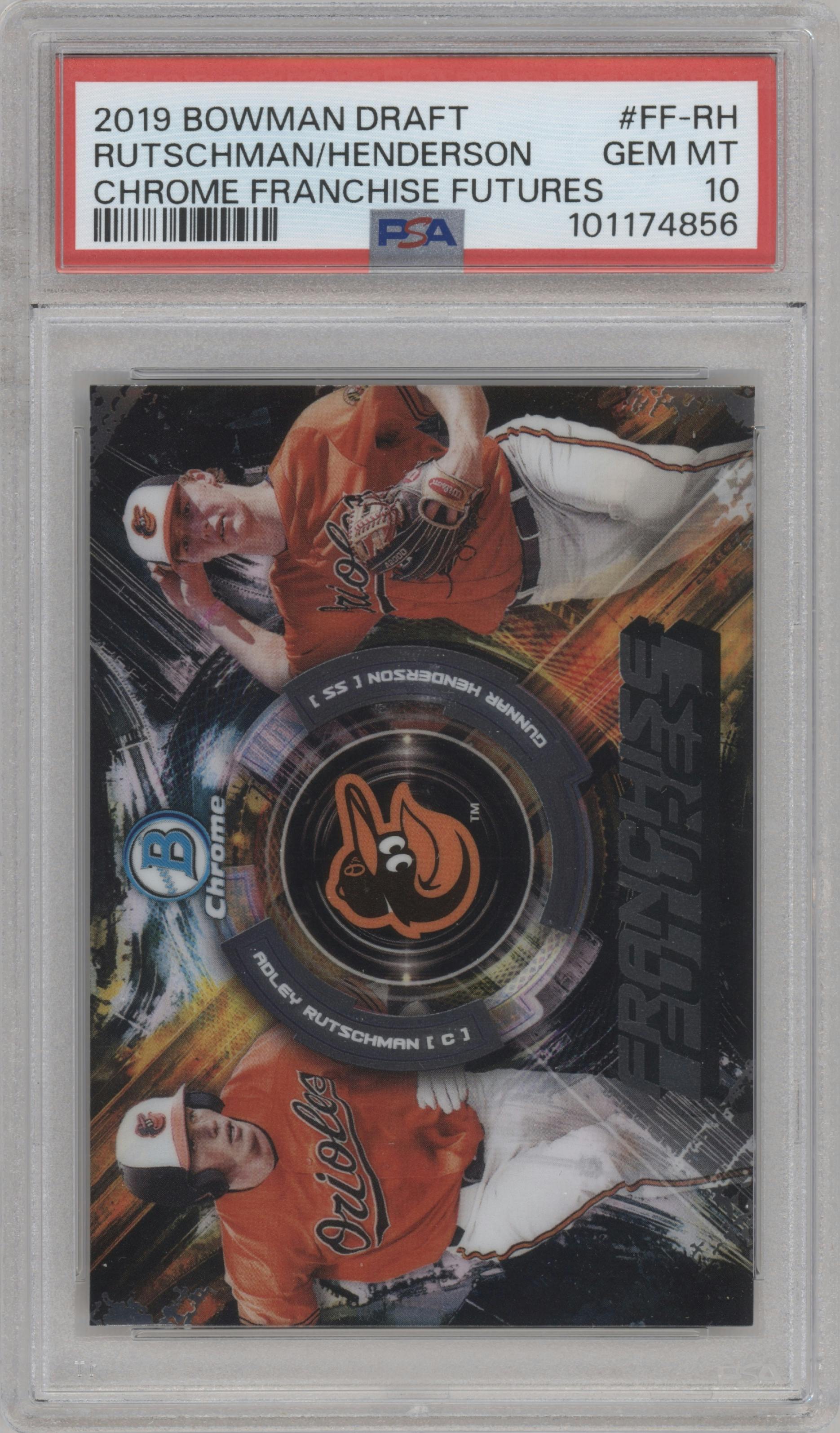 Adley Rutschman/Gunnar Henderson from the 2019 Bowman Draft set graded by PSA and given an overall grade of 10.