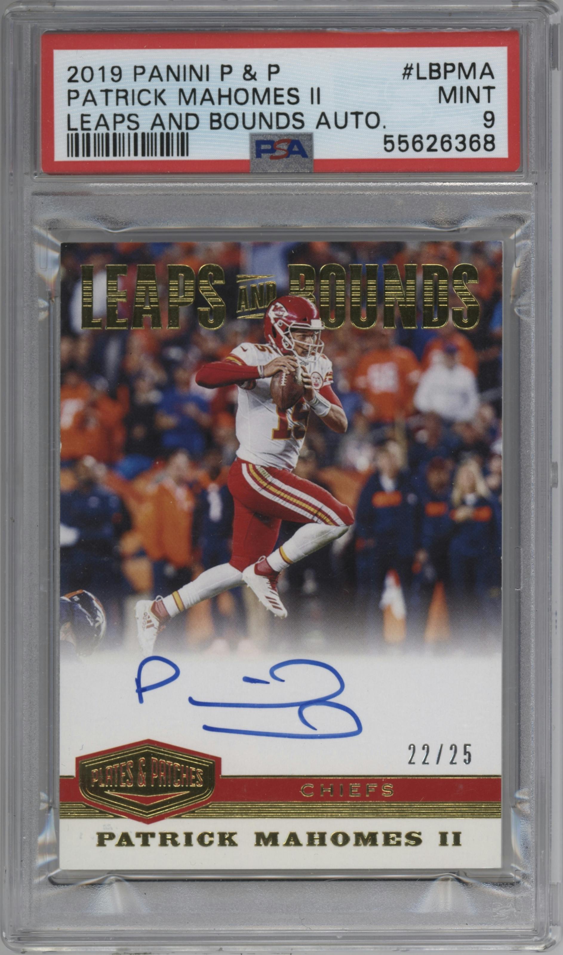 Patrick Mahomes II from the 2019 Panini Plates & Patches set graded by PSA and given an overall grade of 9.