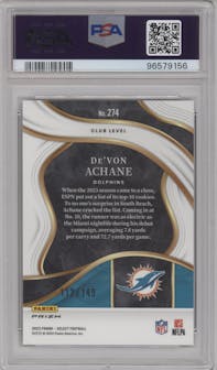 De'Von Achane from the 2023 Panini Select set featuring a Tri-Color parallel graded by PSA and given an overall grade of 10.