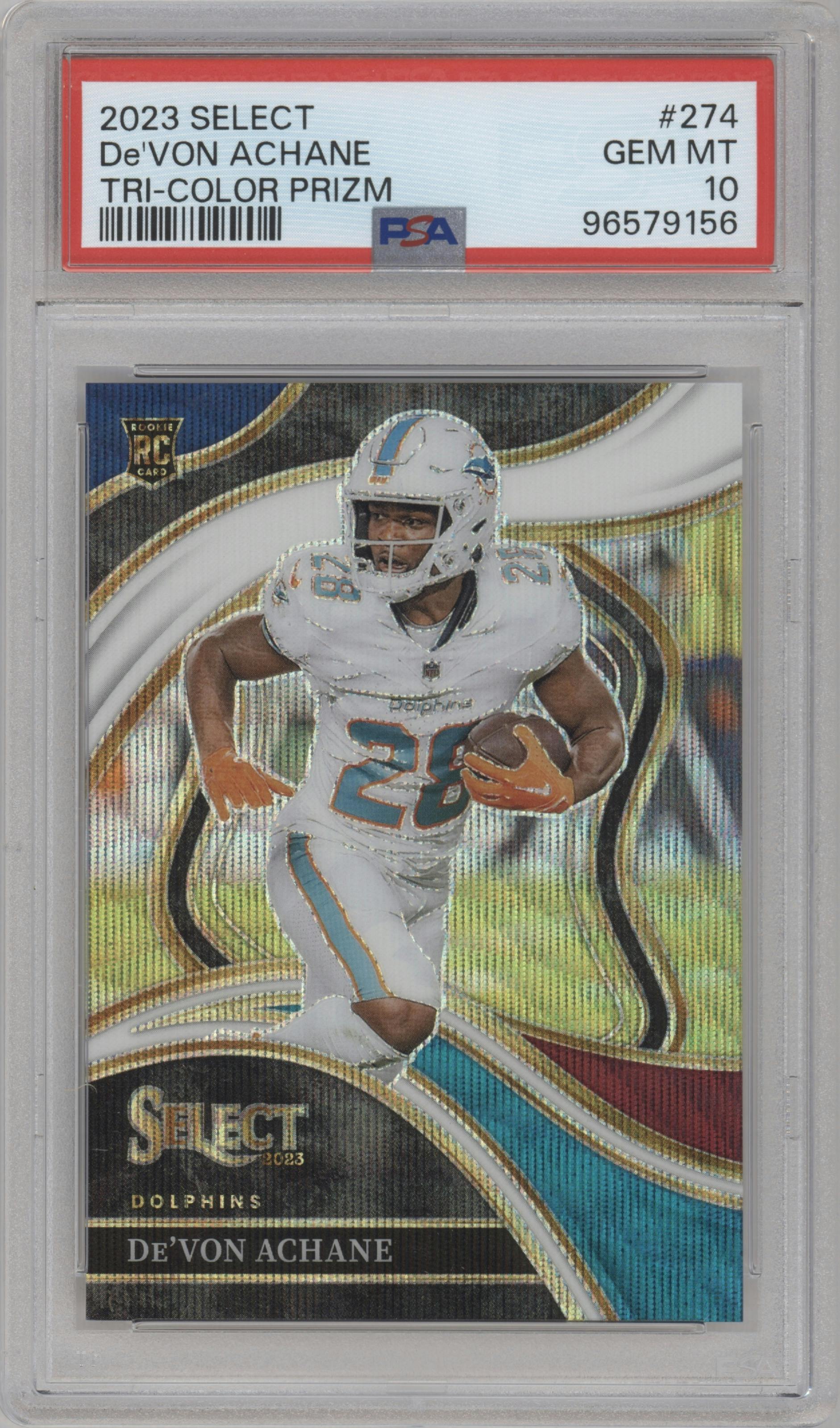 De'Von Achane from the 2023 Panini Select set featuring a Tri-Color parallel graded by PSA and given an overall grade of 10.