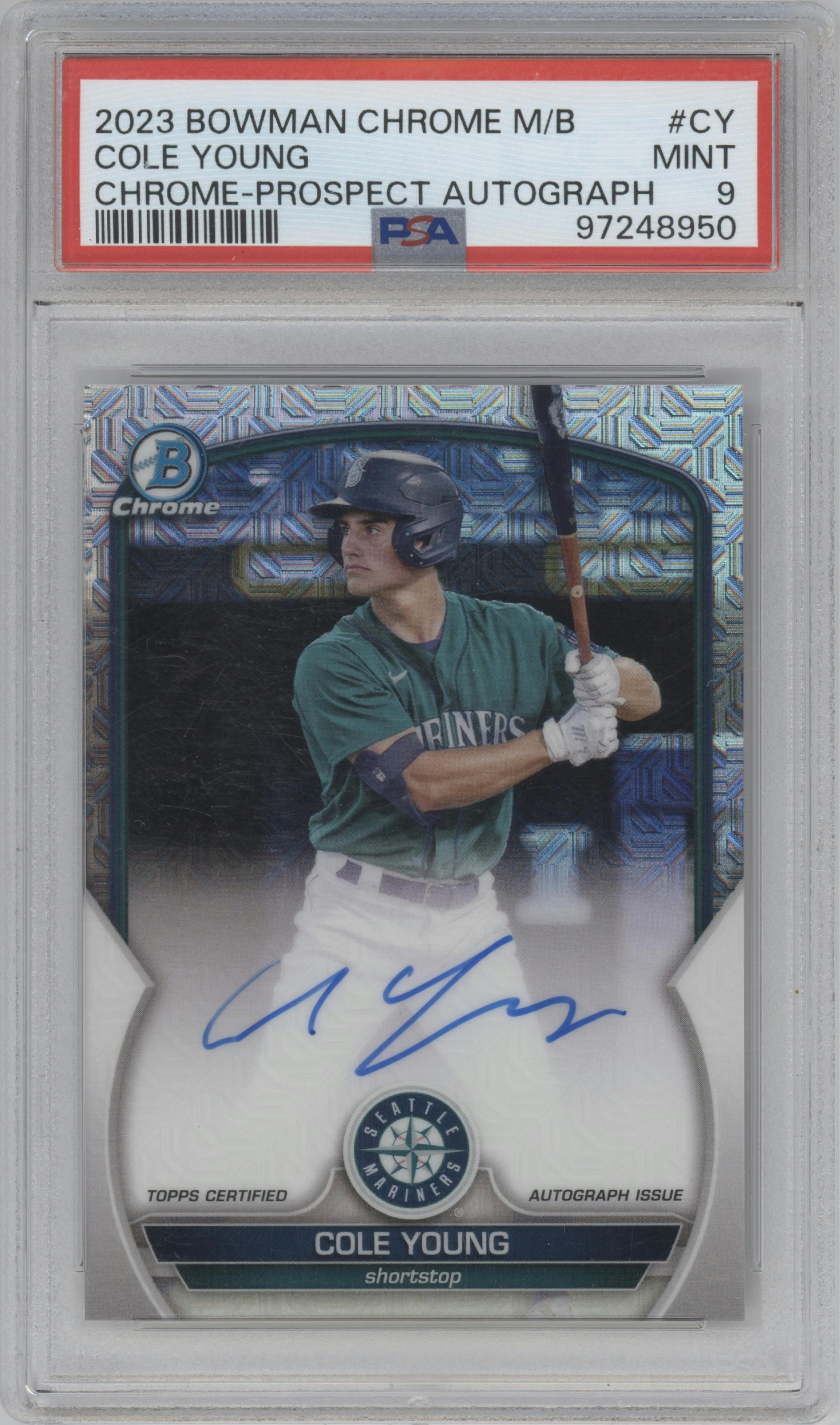 Cole Young from the 2023 Bowman Mega Box set graded by PSA and given an overall grade of 9.