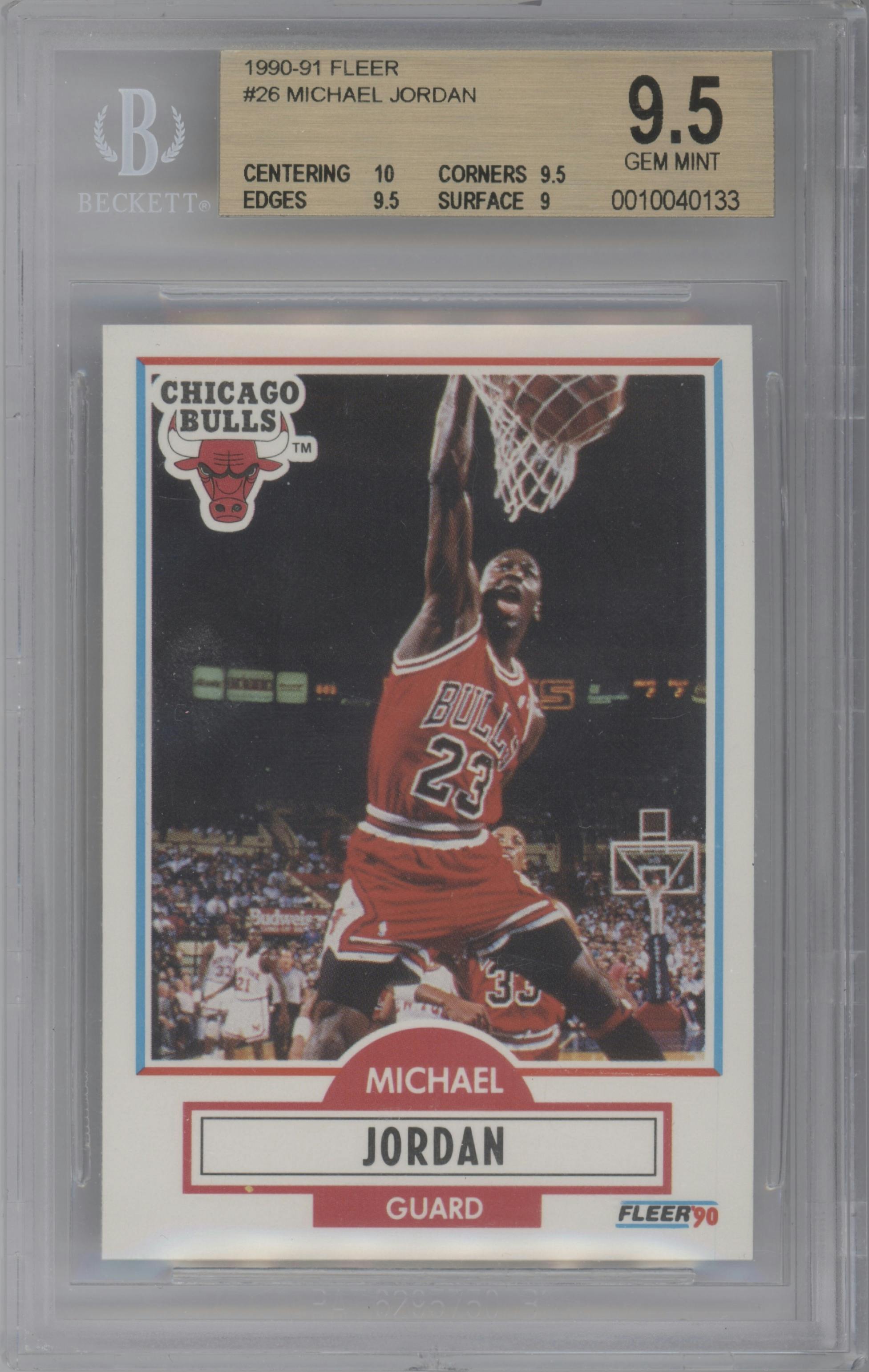 Michael Jordan from the 1990-91 Fleer set graded by Beckett and given an overall grade of 9.5.