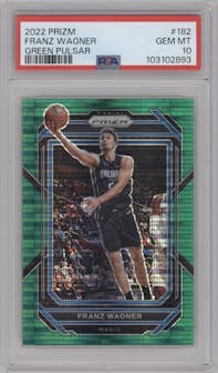 Franz Wagner from the 2022-23 Panini Prizm  set featuring a Green Pulsar parallel graded by PSA and given an overall grade of 10.