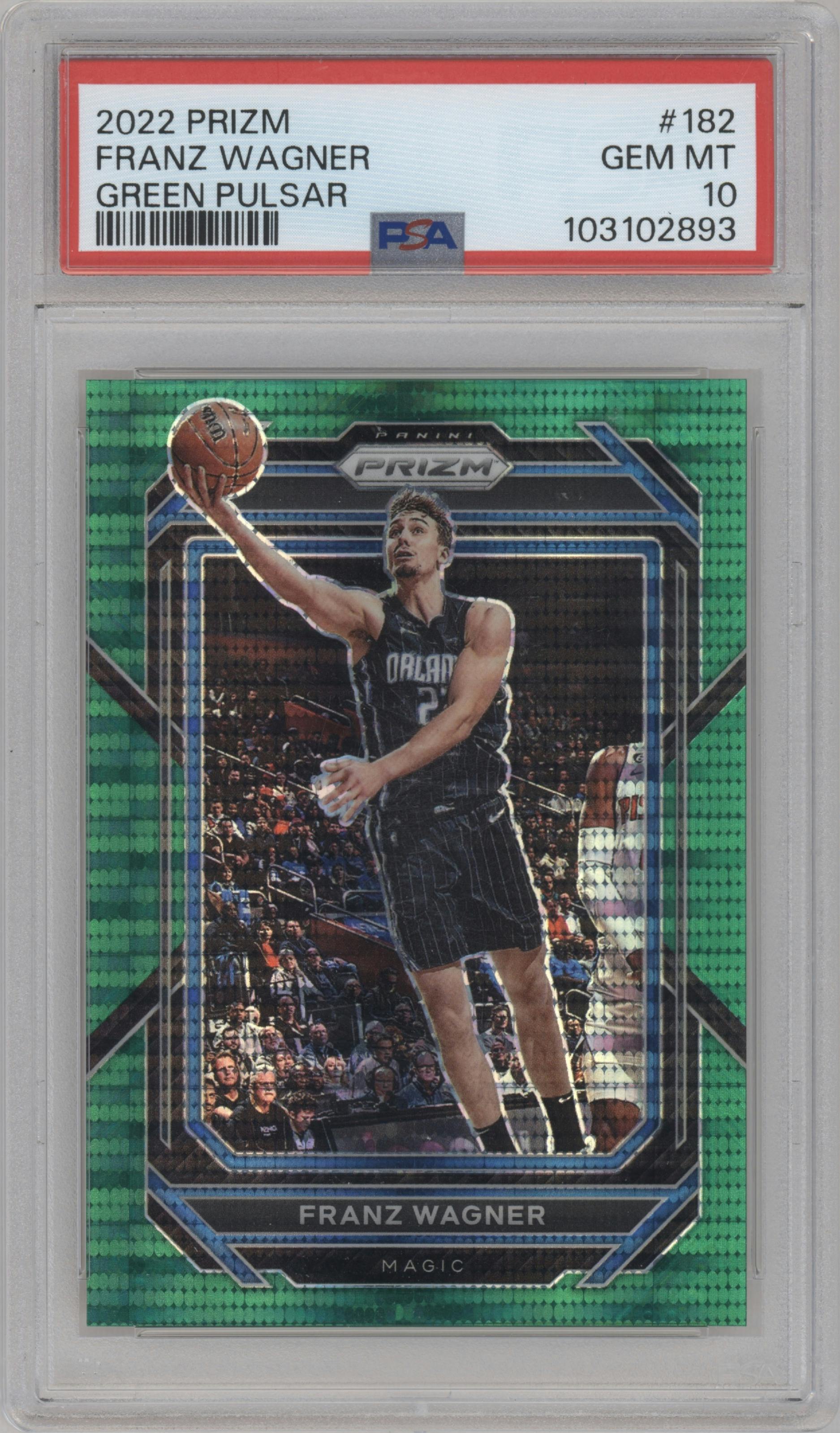 Franz Wagner from the 2022-23 Panini Prizm  set featuring a Green Pulsar parallel graded by PSA and given an overall grade of 10.