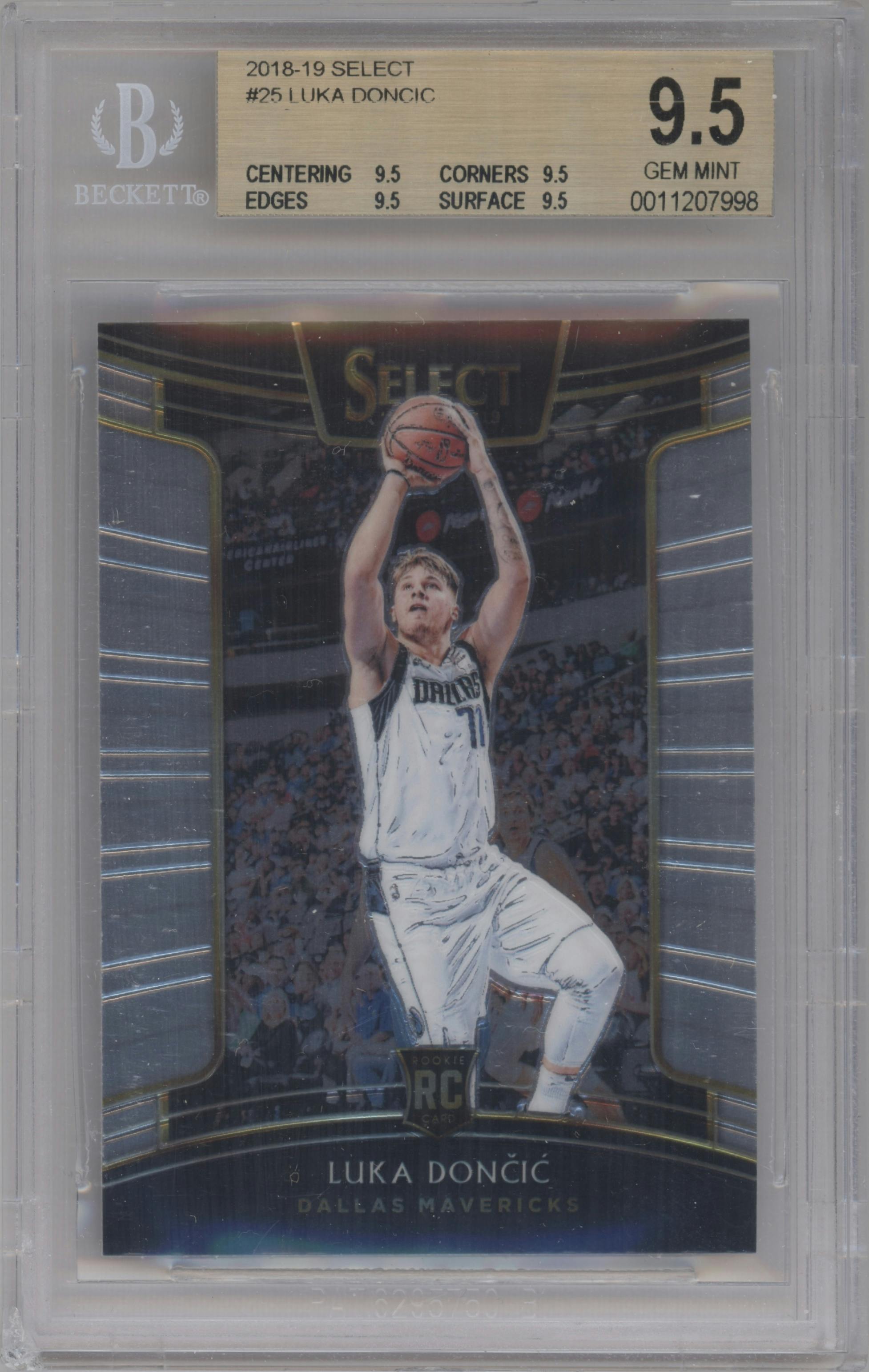 Luka Doncic from the 2018-19 Panini Select  set graded by Beckett and given an overall grade of 9.5.