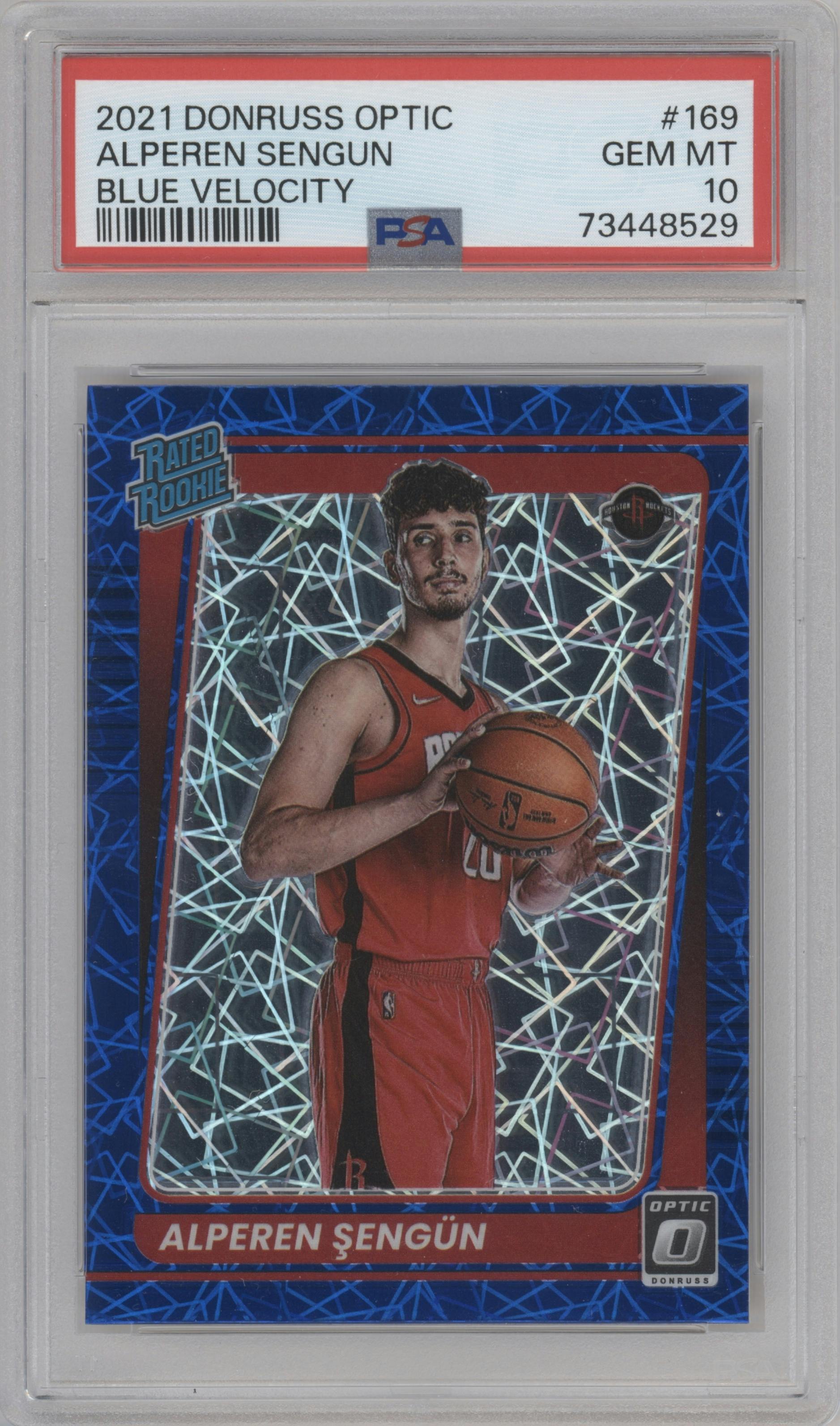 Alperen Sengun from the 2021-22 Panini Donruss Optic set featuring a Blue Velocity parallel graded by PSA and given an overall grade of 10.