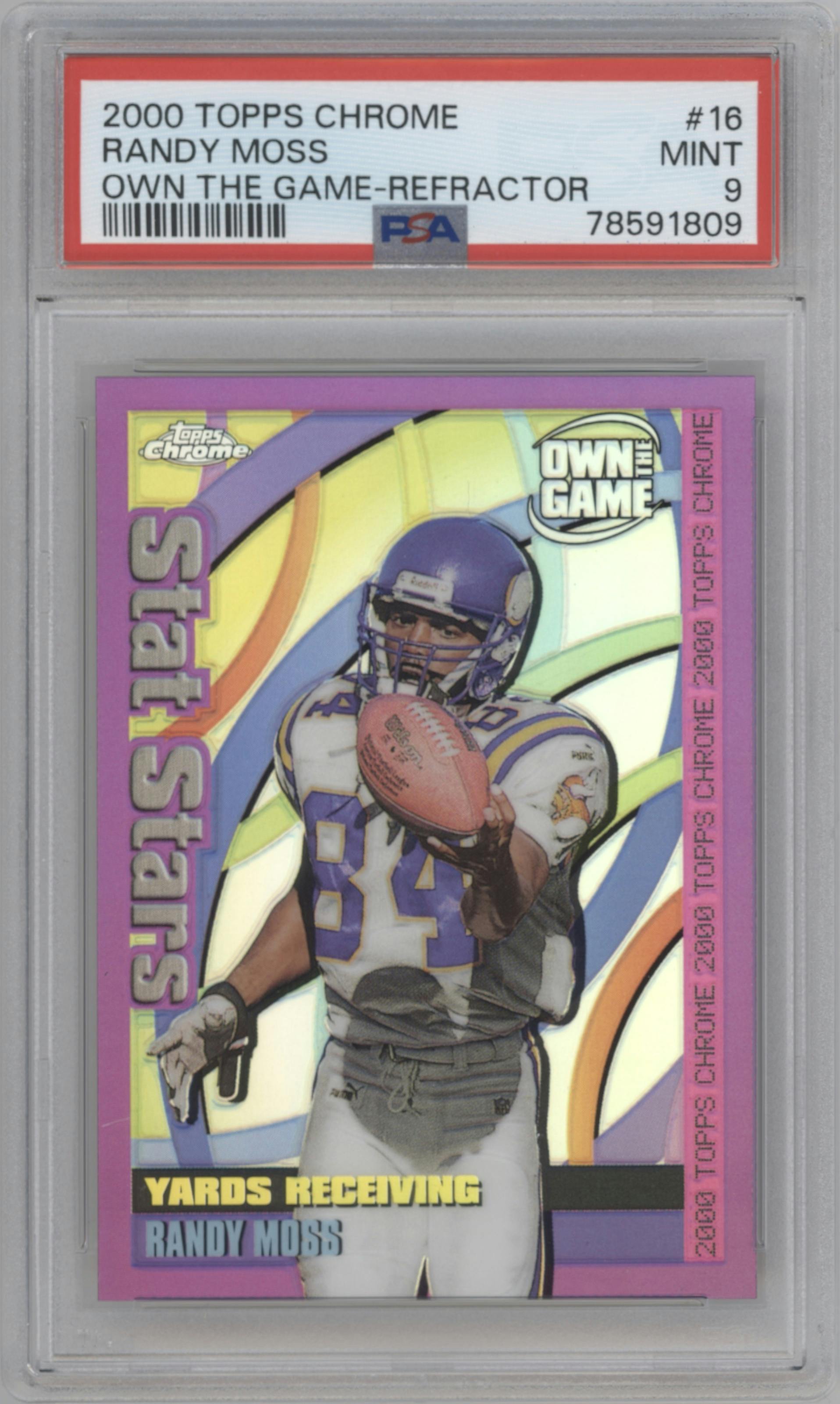 Randy Moss from the 2000 Topps Chrome set featuring a Refractor parallel graded by PSA and given an overall grade of 9.