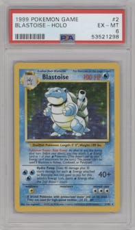 Blastoise from the 1999 Pokemon set graded by PSA and given an overall grade of 6.
