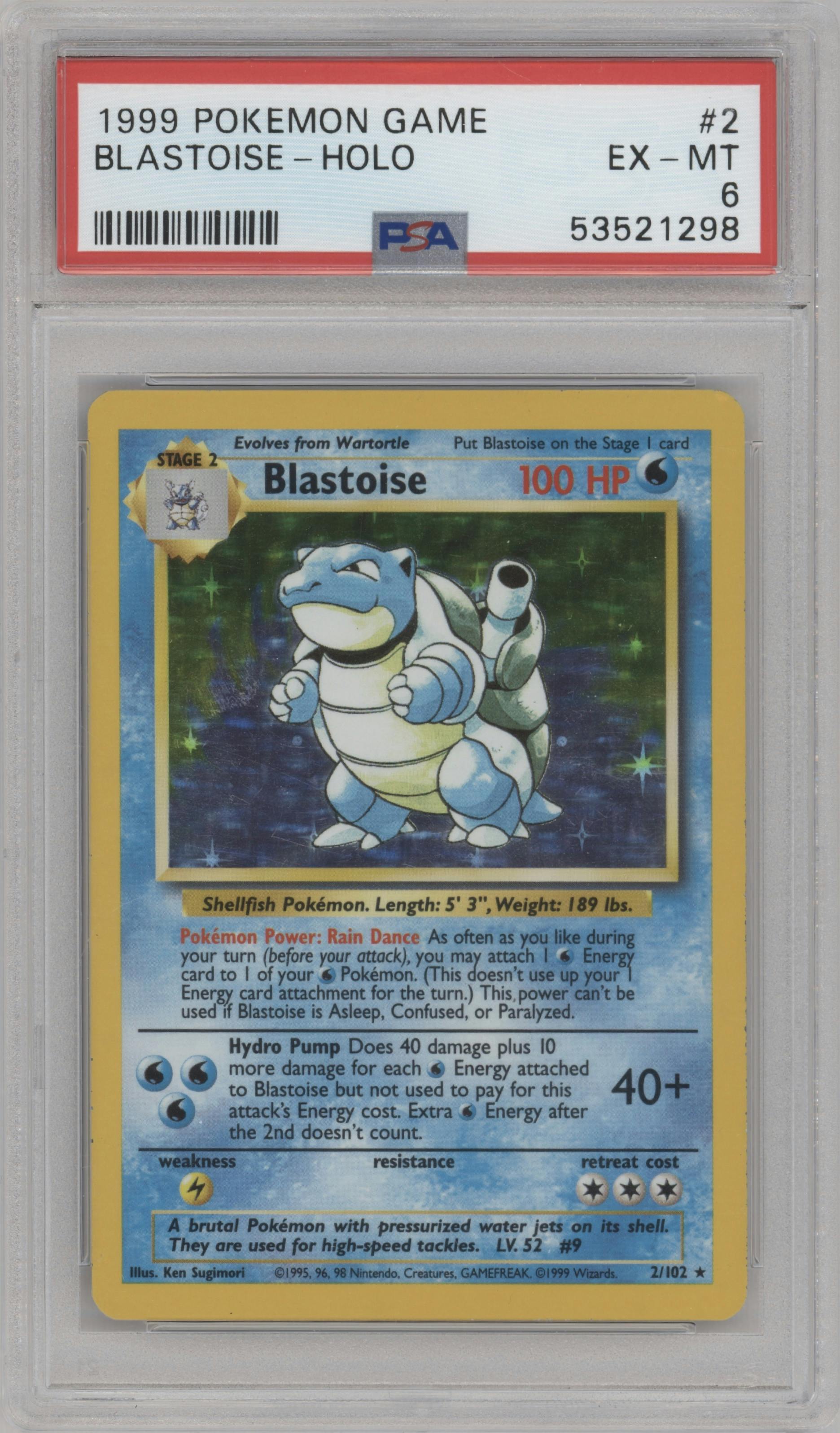 Blastoise from the 1999 Pokemon set graded by PSA and given an overall grade of 6.