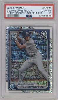 George Lombard Jr. from the 2024 Bowman set featuring a Speckle Refractor parallel graded by PSA and given an overall grade of 10.