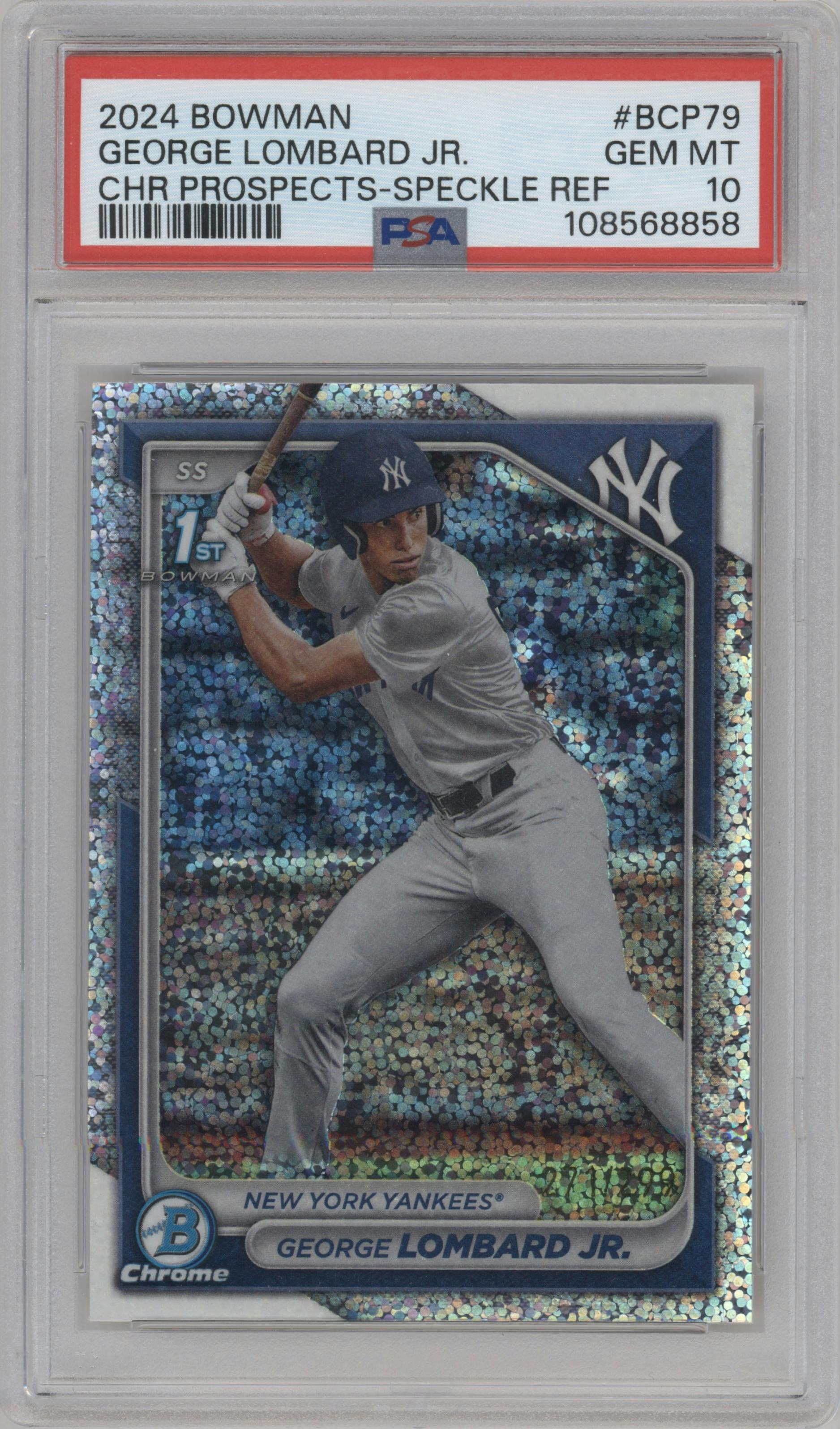George Lombard Jr. from the 2024 Bowman set featuring a Speckle Refractor parallel graded by PSA and given an overall grade of 10.