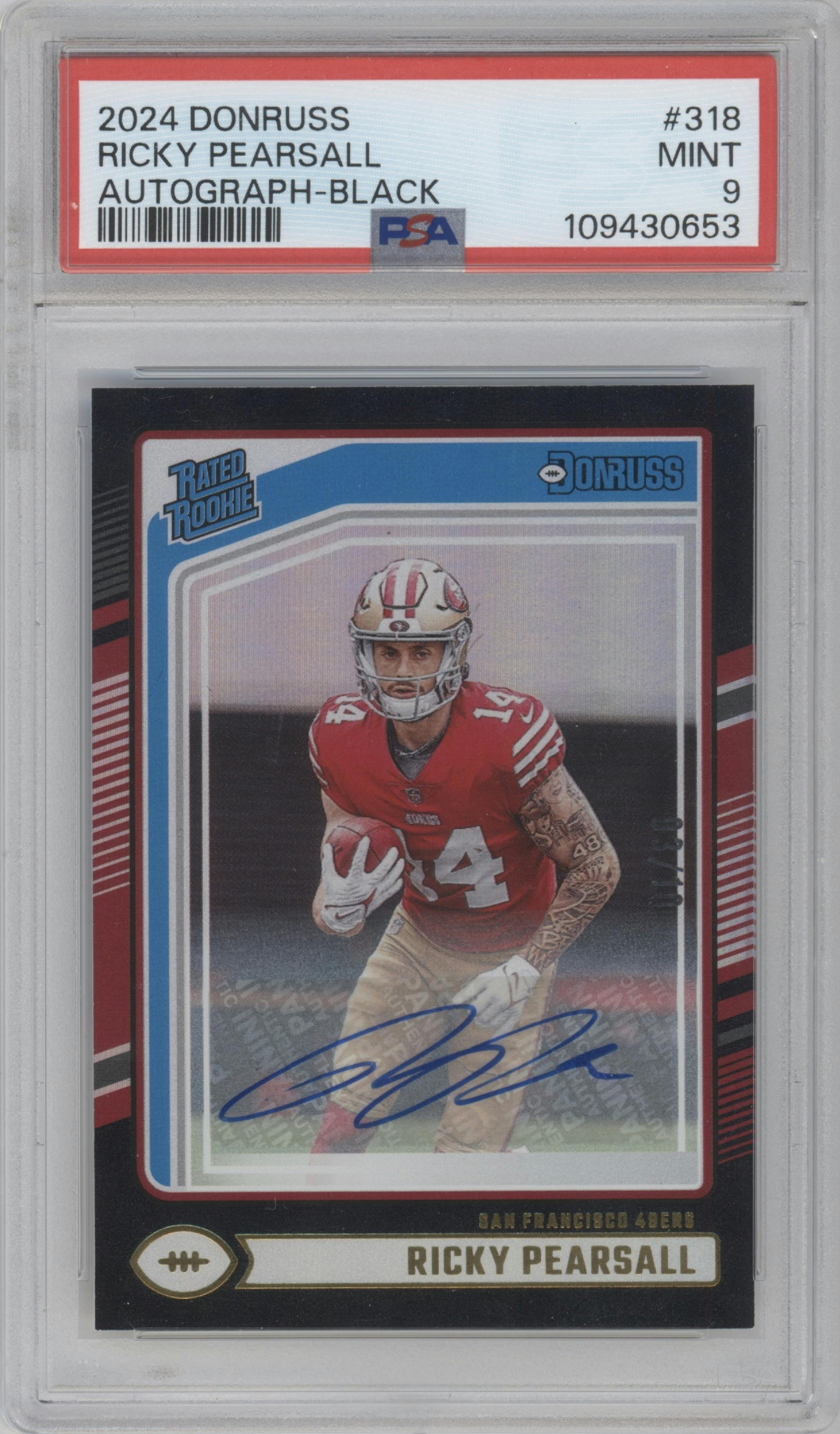 Ricky Pearsall from the 2024 Donruss set featuring a Black parallel graded by PSA and given an overall grade of 9.