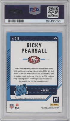Ricky Pearsall from the 2024 Donruss set featuring a Black parallel graded by PSA and given an overall grade of 9.