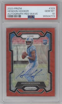 Hendon Hooker from the 2023 Panini Prizm set featuring a Red Wave parallel graded by PSA and given an overall grade of 10.
