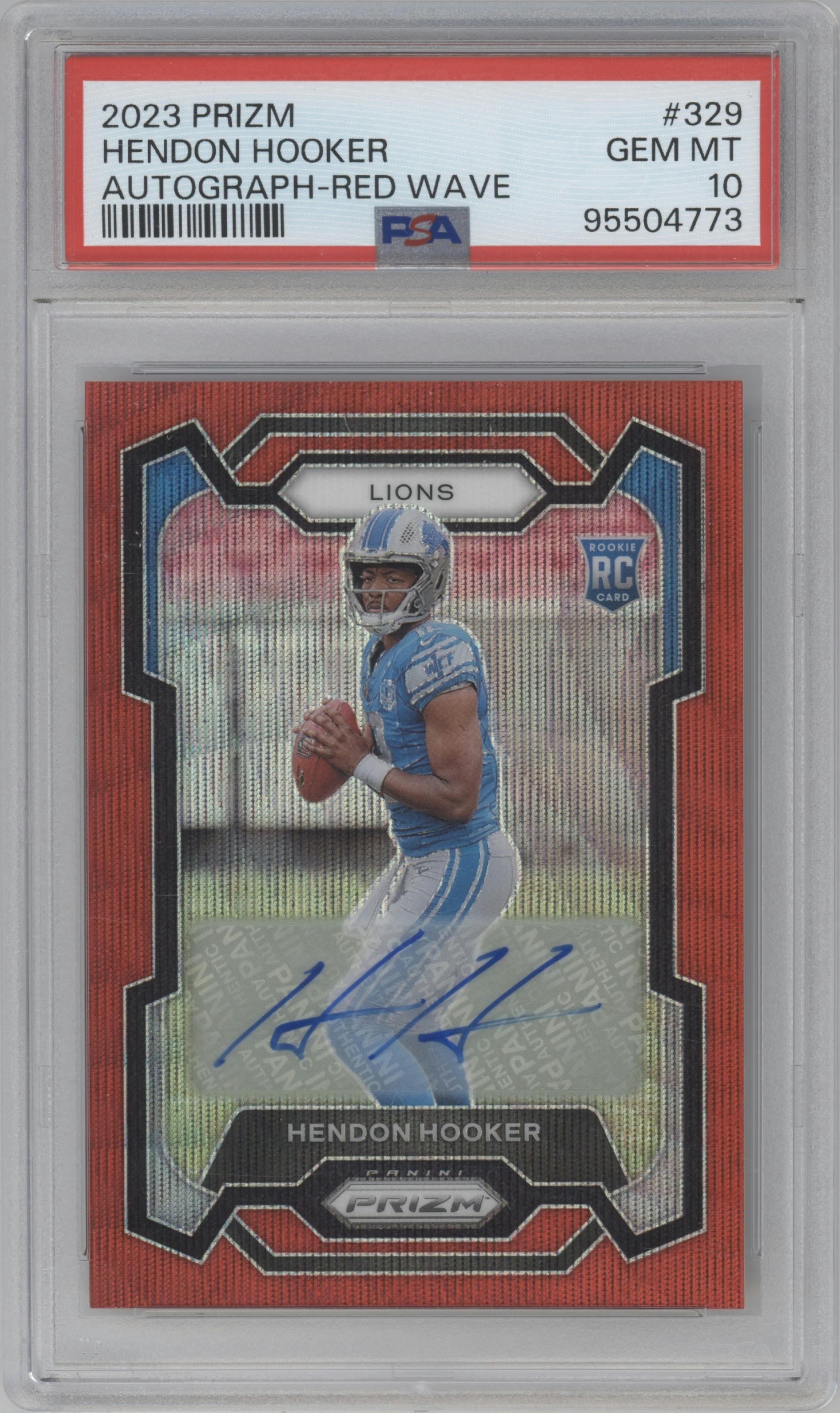 Hendon Hooker from the 2023 Panini Prizm set featuring a Red Wave parallel graded by PSA and given an overall grade of 10.