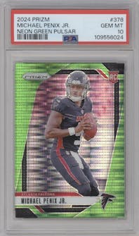 Michael Penix Jr. from the 2024 Panini Prizm set featuring a Neon Green Pulsar  parallel graded by PSA and given an overall grade of 10.