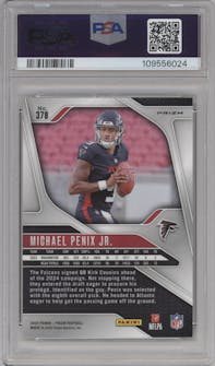 Michael Penix Jr. from the 2024 Panini Prizm set featuring a Neon Green Pulsar  parallel graded by PSA and given an overall grade of 10.