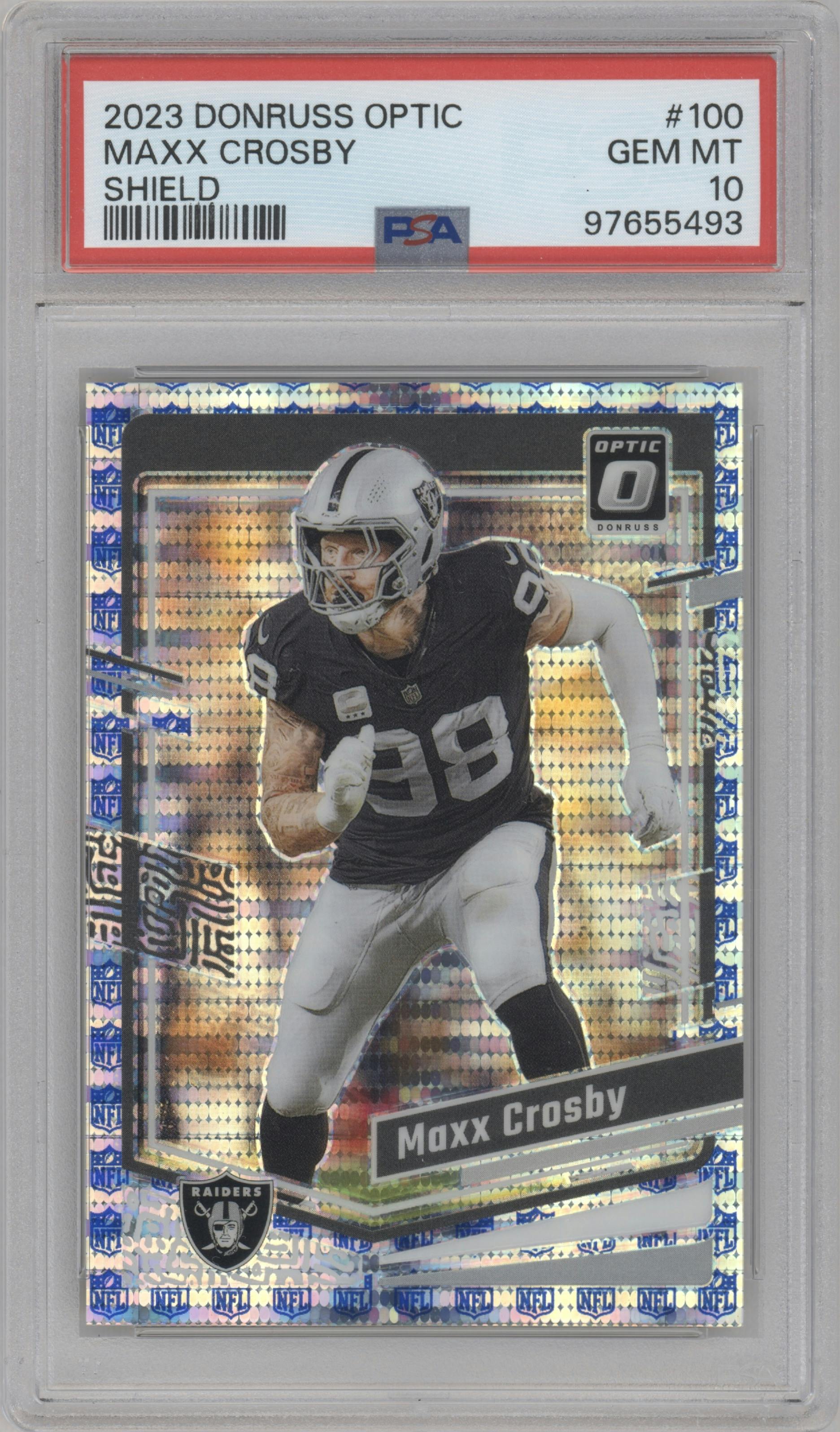 Maxx Crosby from the 2023 Donruss Optic set featuring a Shield parallel graded by PSA and given an overall grade of 10.