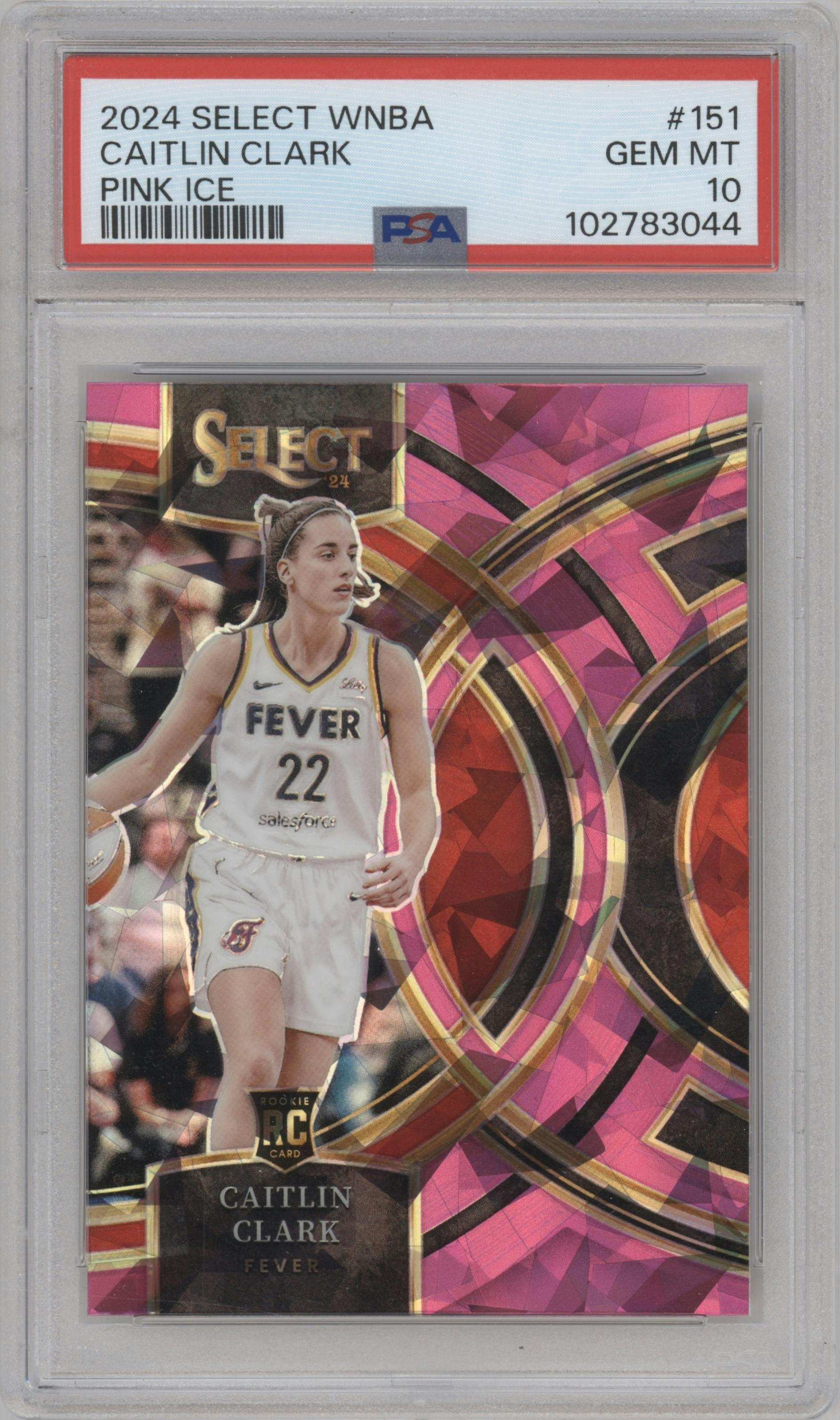 Caitlin Clark from the 2024 Panini Select WNBA set featuring a Pink Ice parallel graded by PSA and given an overall grade of 10.