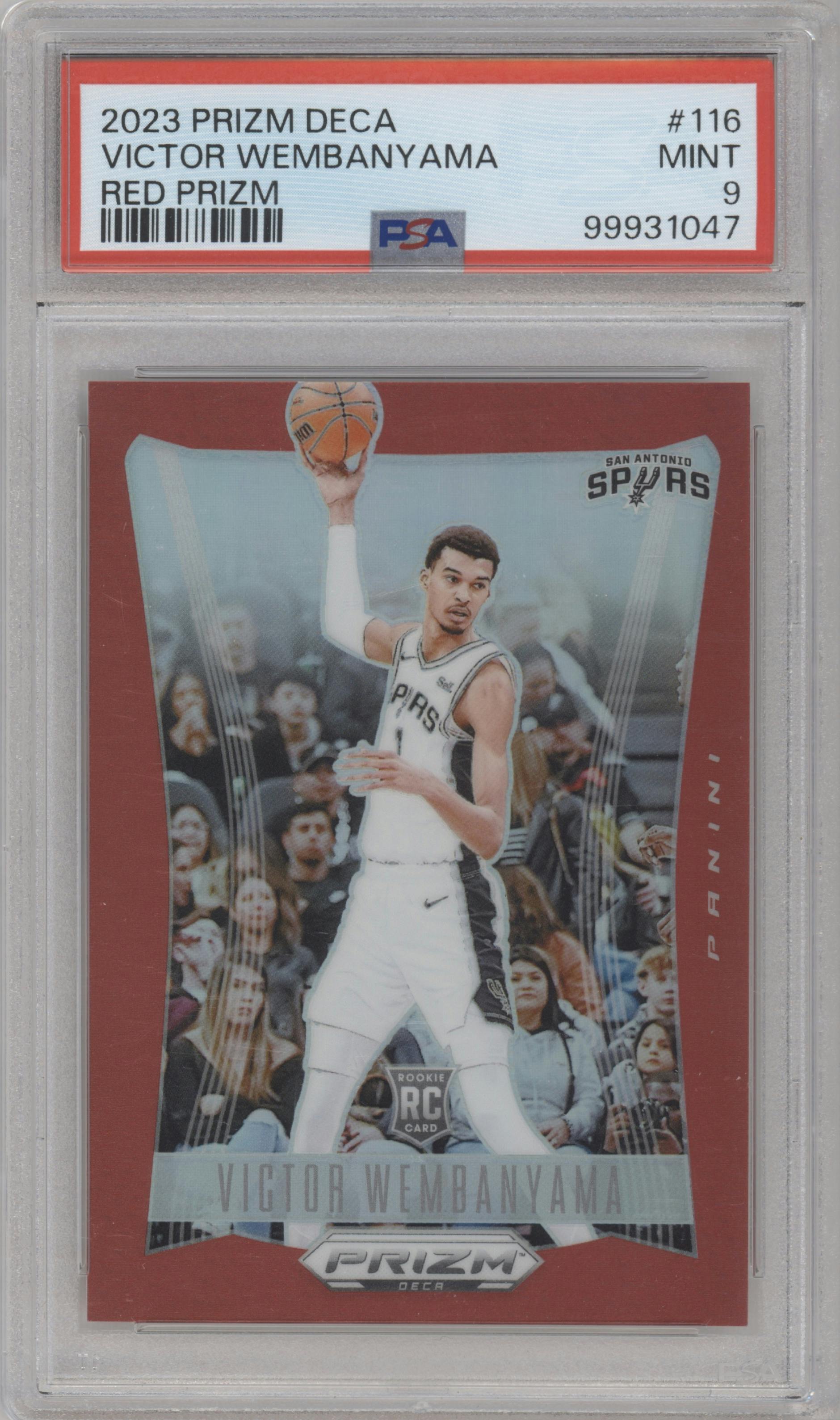 Victor Wembanyama from the 2023-24 Panini Prizm Deca set featuring a Red Prizm parallel graded by PSA and given an overall grade of 9.