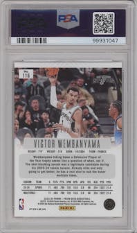 Victor Wembanyama from the 2023-24 Panini Prizm Deca set featuring a Red Prizm parallel graded by PSA and given an overall grade of 9.