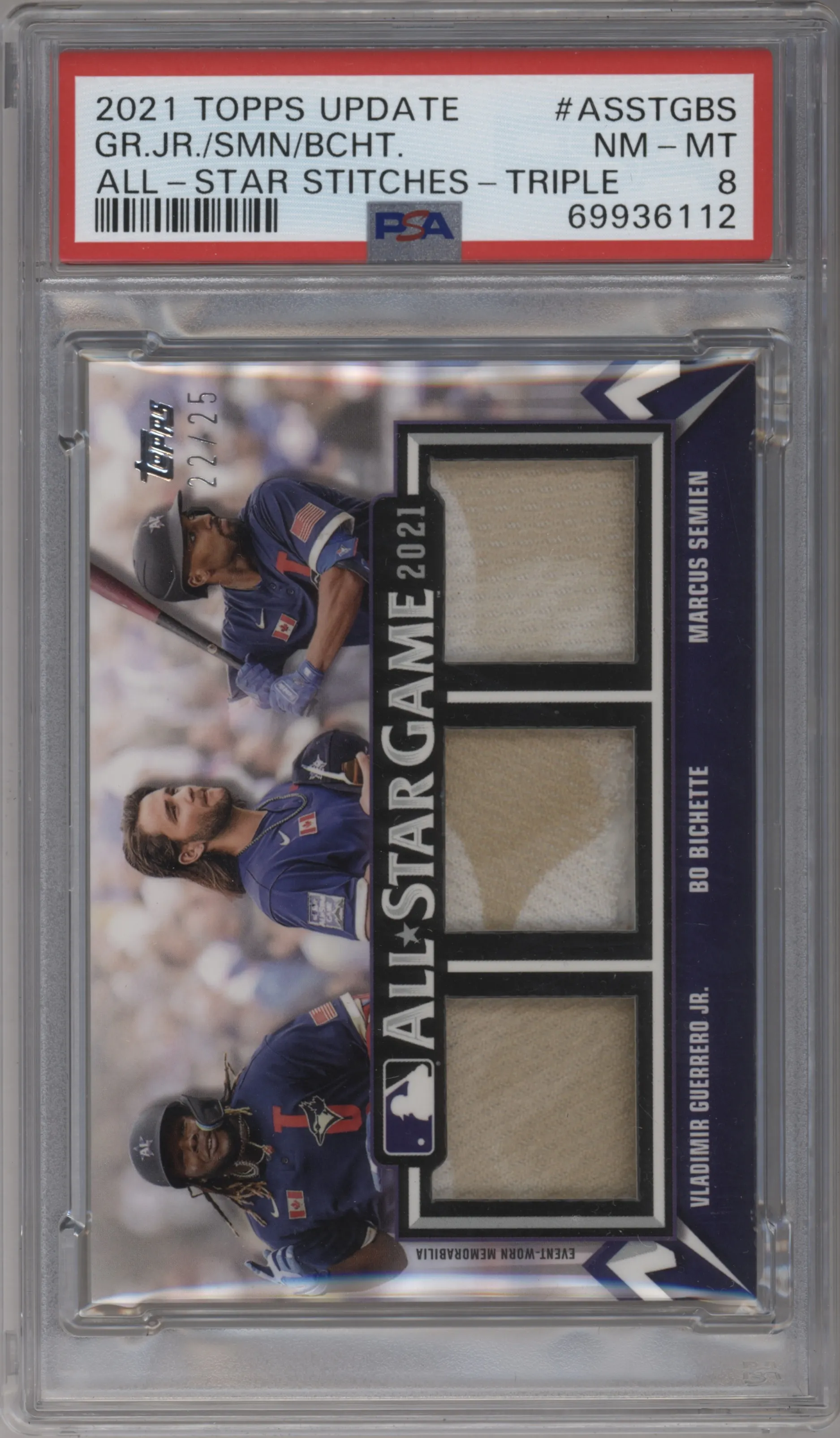 2021 Topps Update All-Star Stitches Triple Vladimir Guerrero Jr./Bo Bichette/Marcus Semien PSA 8