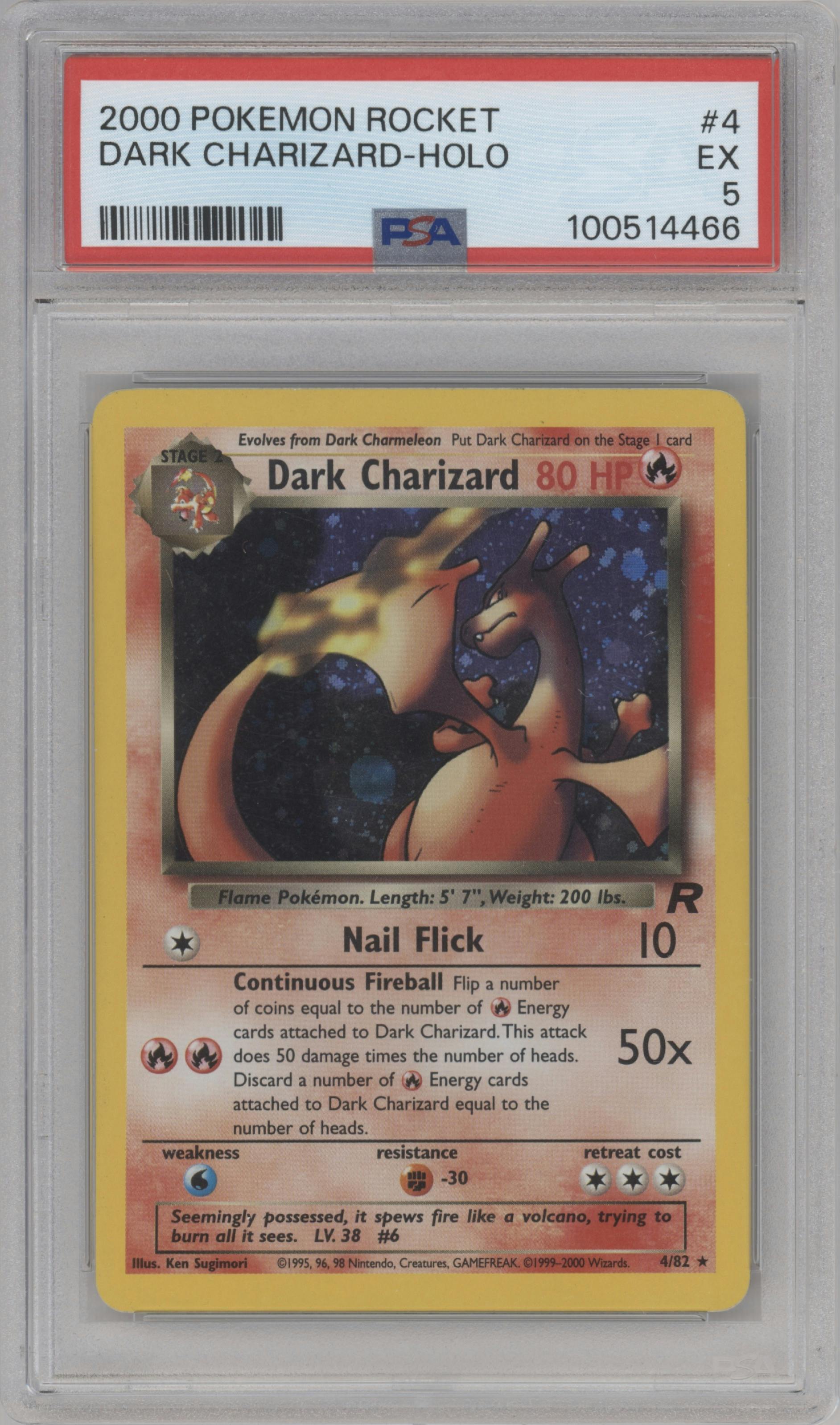 Dark Charizard from the 2000 Pokemon set graded by PSA and given an overall grade of 5.