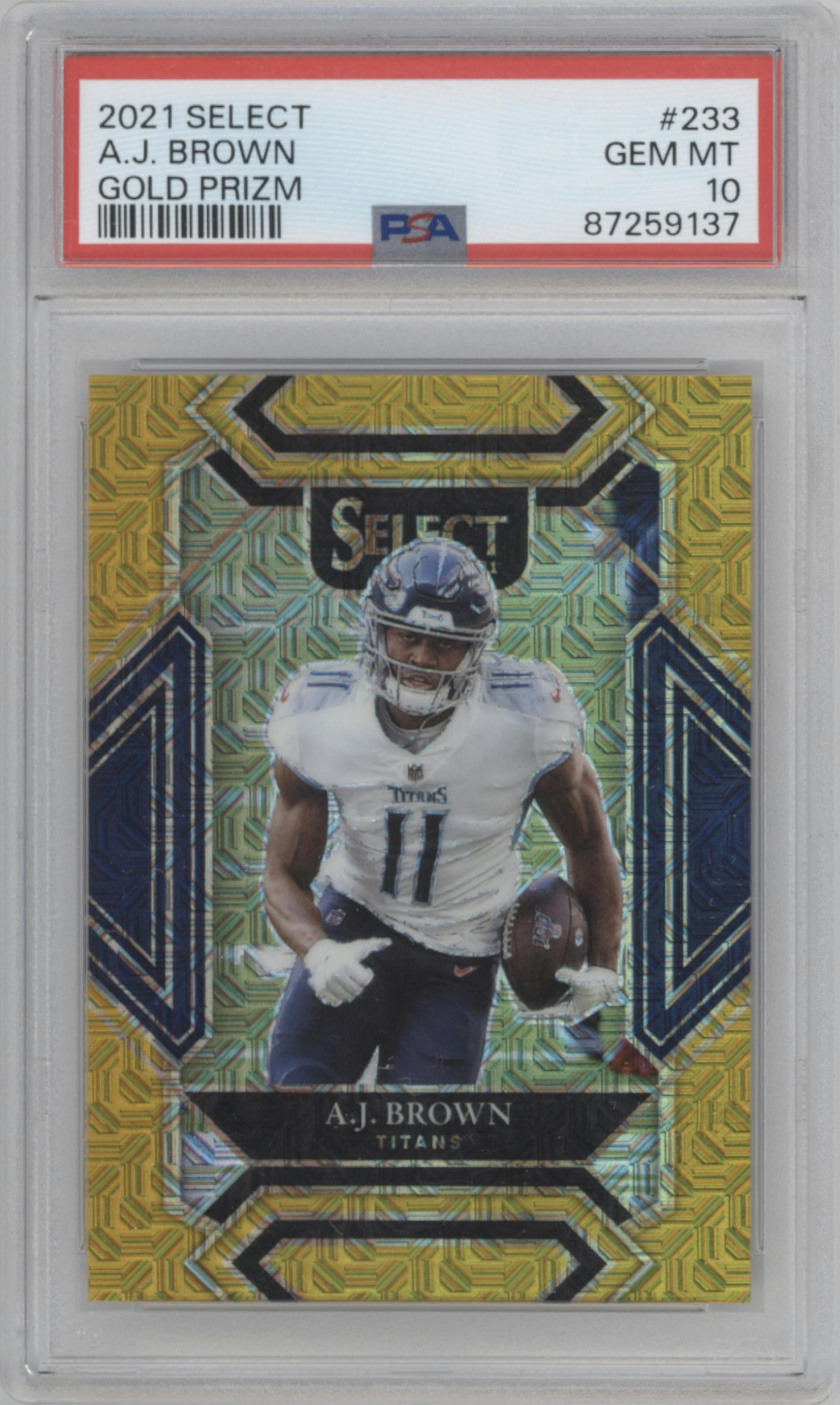 A.J. Brown from the 2021 Panini Select set featuring a Gold Prizm parallel graded by PSA and given an overall grade of 10.
