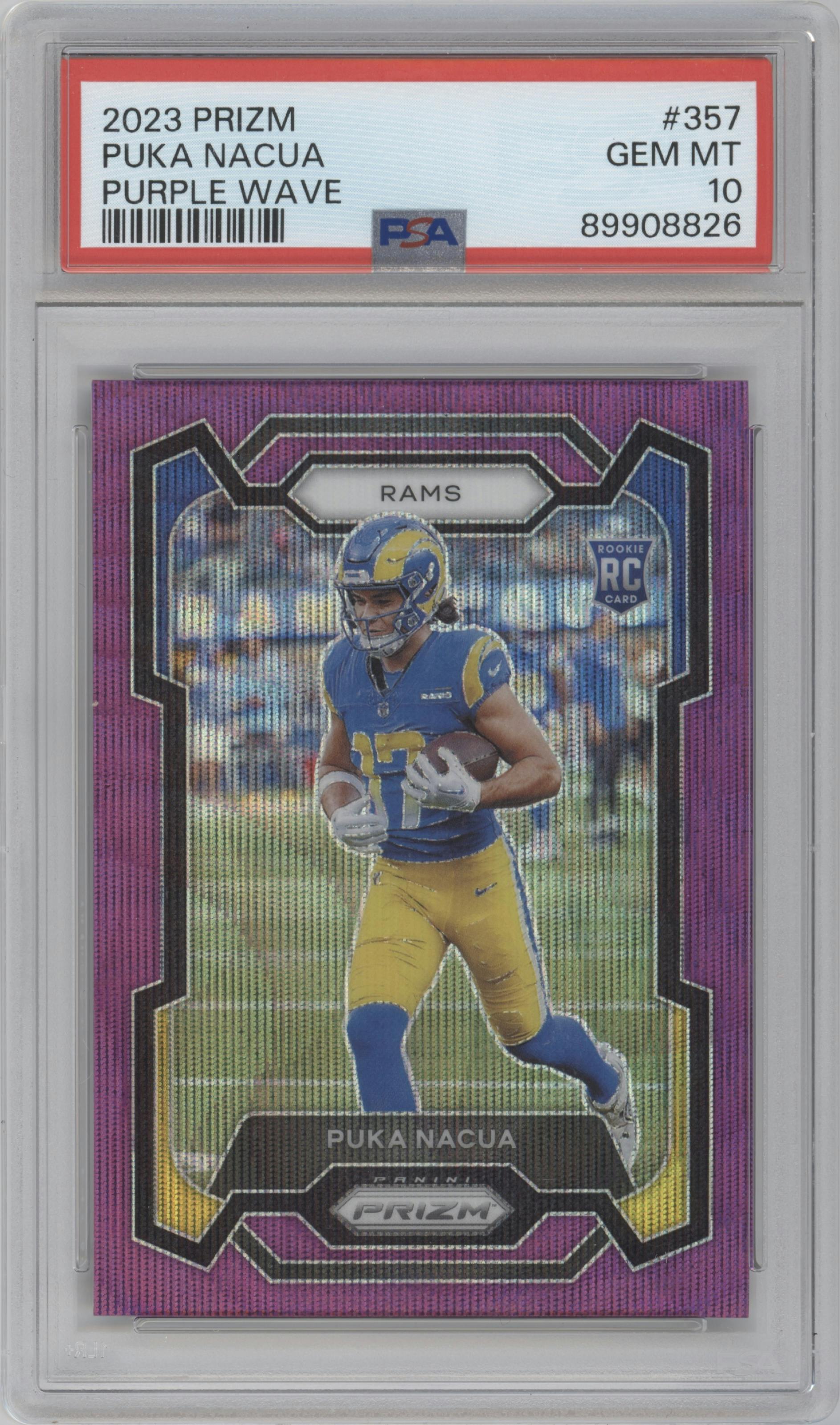 Puka Nacua from the 2023 Panini Prizm set featuring a Purple Wave parallel graded by PSA and given an overall grade of 10.