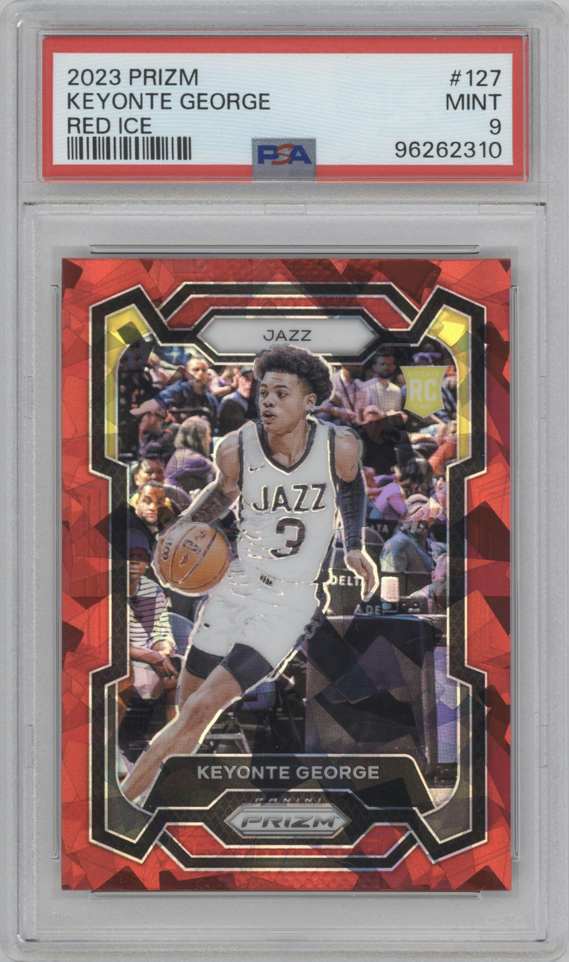 Keyonte George from the 2023-24 Panini Prizm set featuring a Red Ice parallel graded by PSA and given an overall grade of 9.