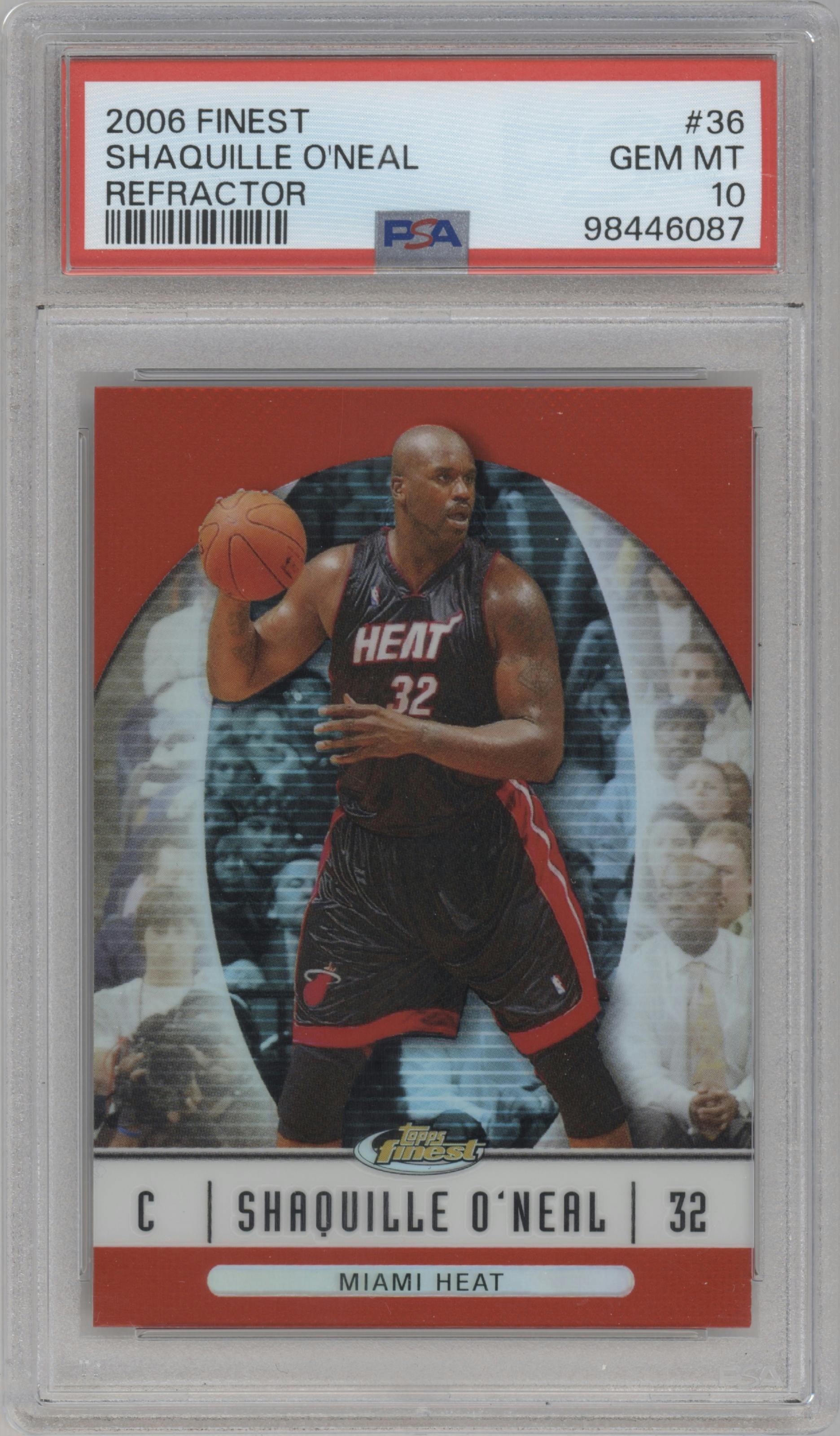 Shaquille O'Neal from the 2006-07 Topps Finest set featuring a Refractor parallel graded by PSA and given an overall grade of 10.
