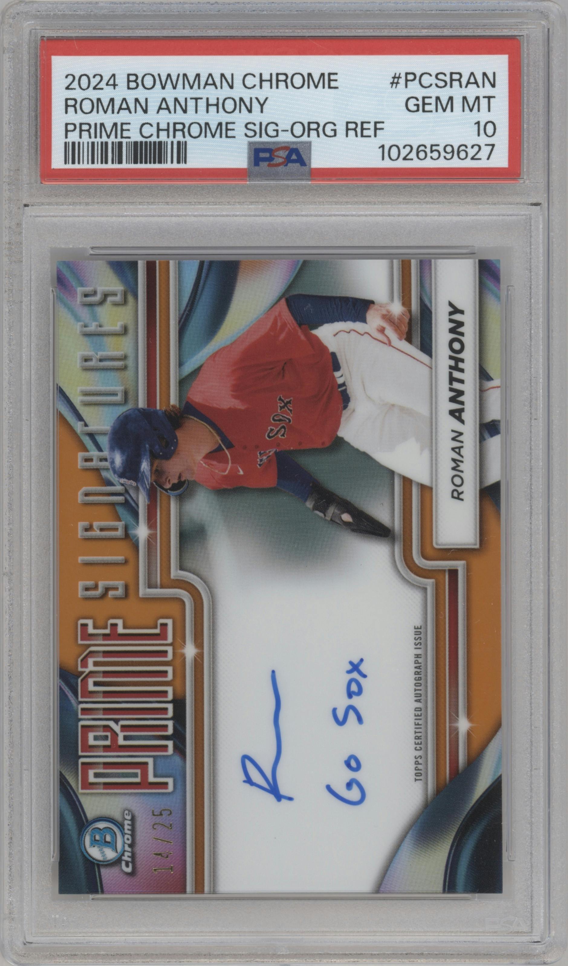 Roman Anthony from the 2024 Bowman Chrome set featuring a Orange Refractor parallel graded by PSA and given an overall grade of 10.