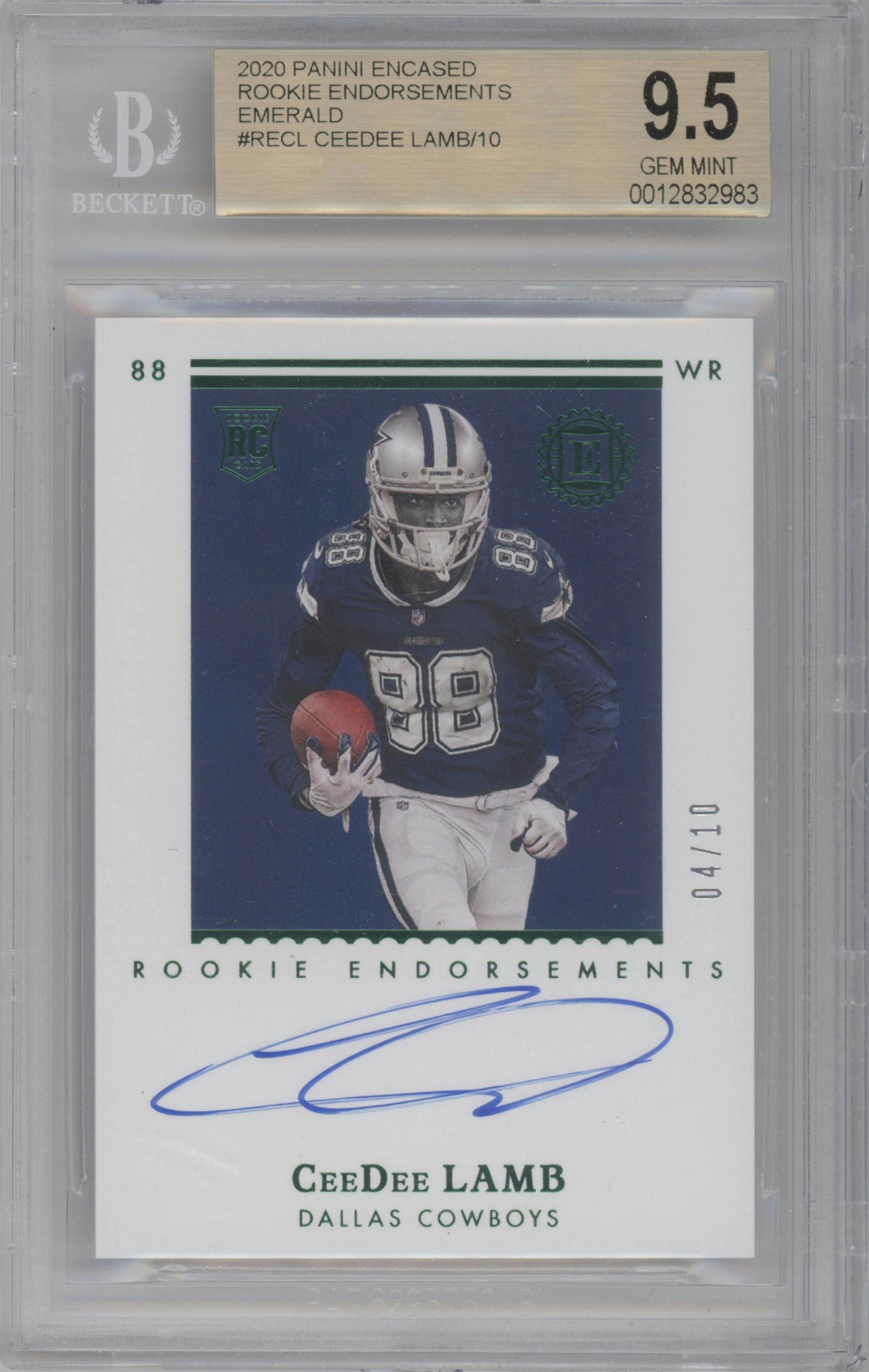 CeeDee Lamb from the 2020 Panini Encased set featuring a Emerald parallel graded by Beckett and given an overall grade of 9.5.