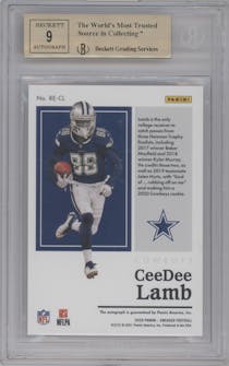 CeeDee Lamb from the 2020 Panini Encased set featuring a Emerald parallel graded by Beckett and given an overall grade of 9.5.