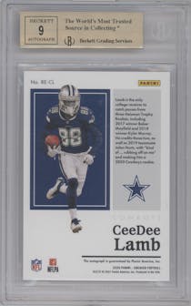 CeeDee Lamb from the 2020 Panini Encased set featuring a Emerald parallel graded by Beckett and given an overall grade of 9.5.