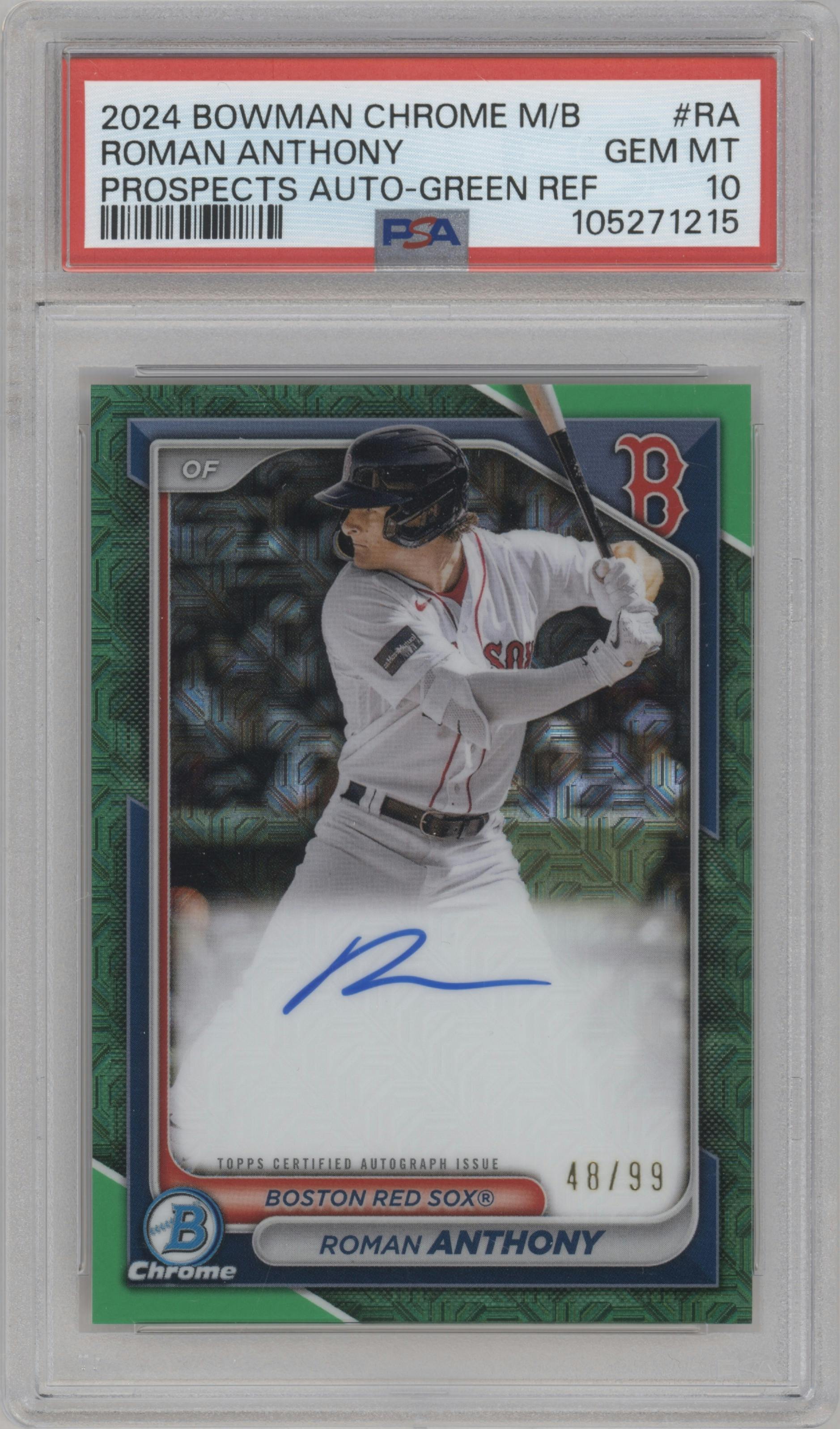 Roman Anthony from the 2024 Bowman Chrome Mega Box set featuring a Green Refractor parallel graded by PSA and given an overall grade of 10.